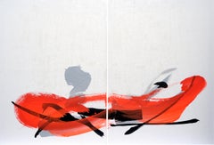 TN719-D by Hachiro Kanno - Calligraphy-based abstract painting, red and white