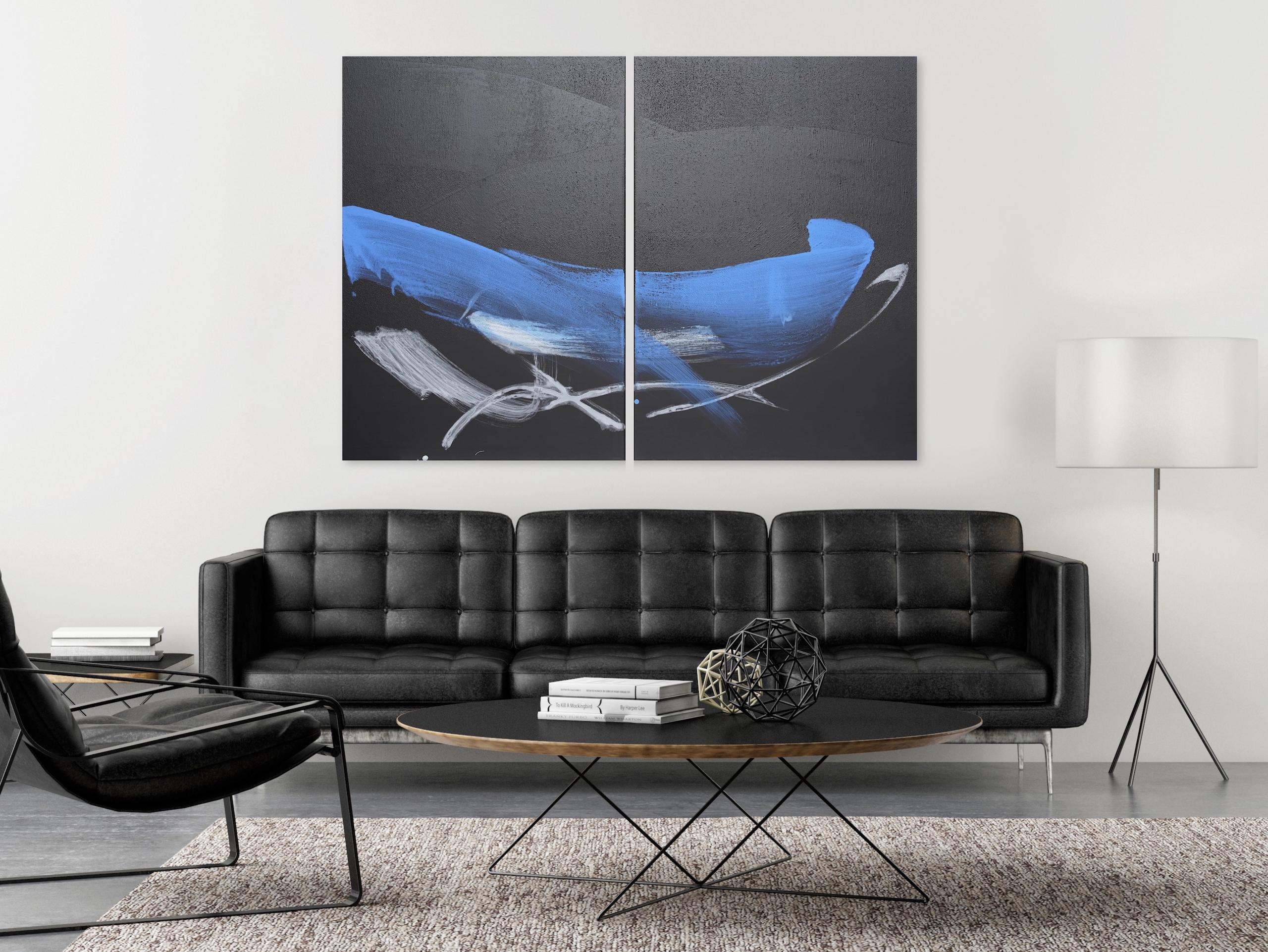 TN830-D von Hachiro Kanno – abstraktes Gemälde auf Kalligraphie basiert, Diptychon, blau im Angebot 1