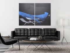 TN830-D by Hachiro Kanno - Calligraphy-based abstract painting, diptych, blue