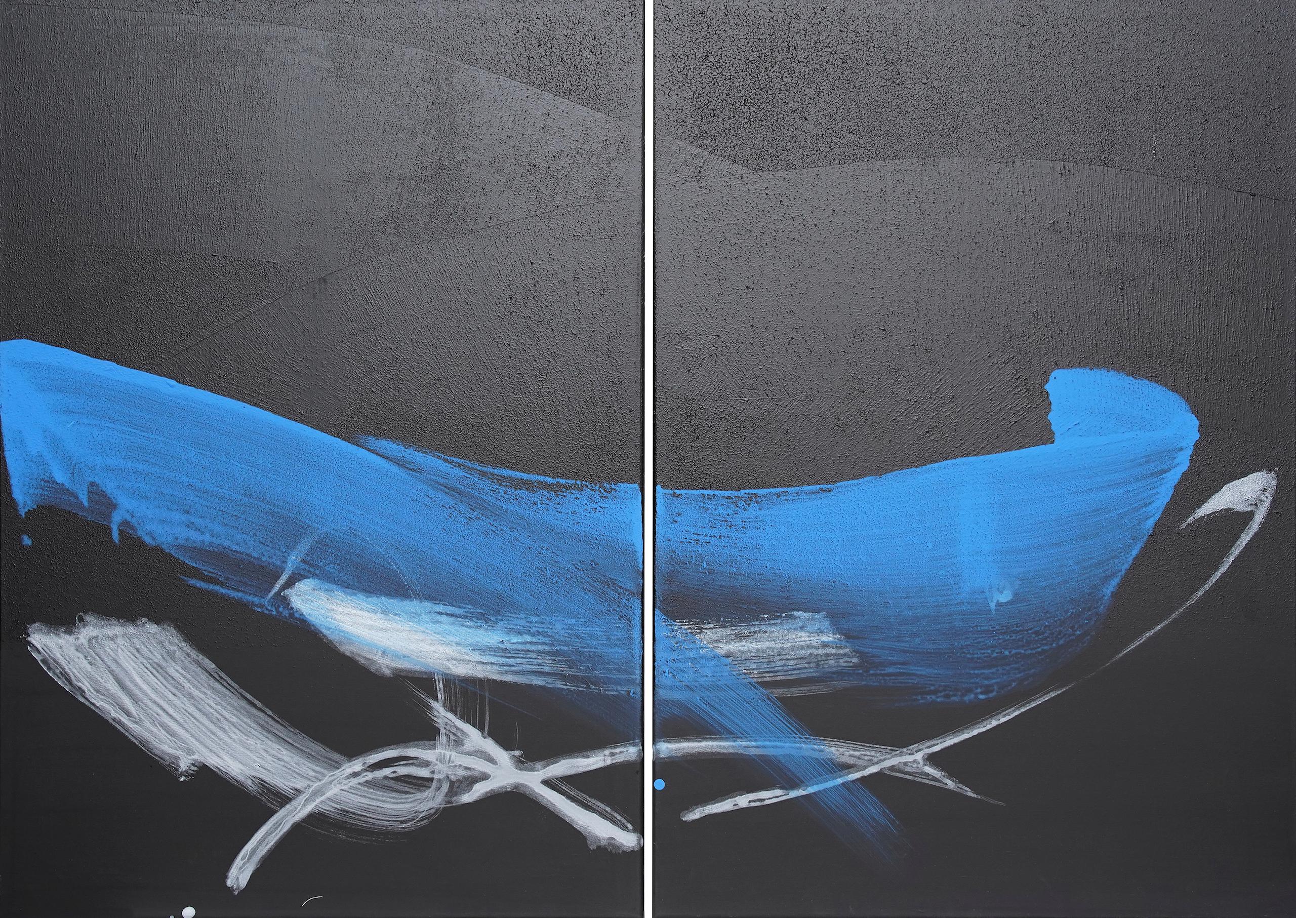 TN830-D von Hachiro Kanno – abstraktes Gemälde auf Kalligraphie basiert, Diptychon, blau