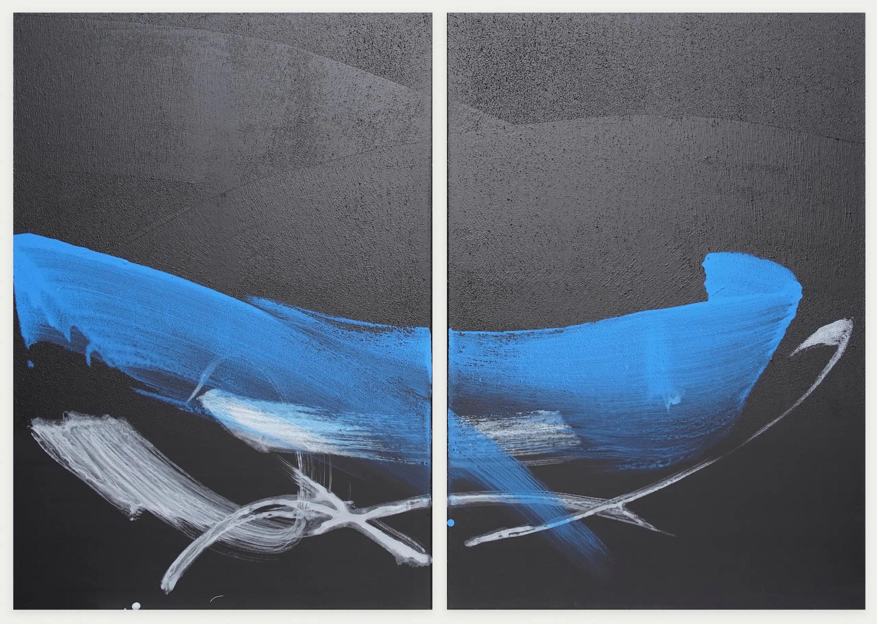 TN830-D by Hachiro Kanno - Calligraphy-based abstract painting, diptych, blue