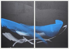 TN830-D by Hachiro Kanno - Calligraphy-based abstract painting, diptych, blue