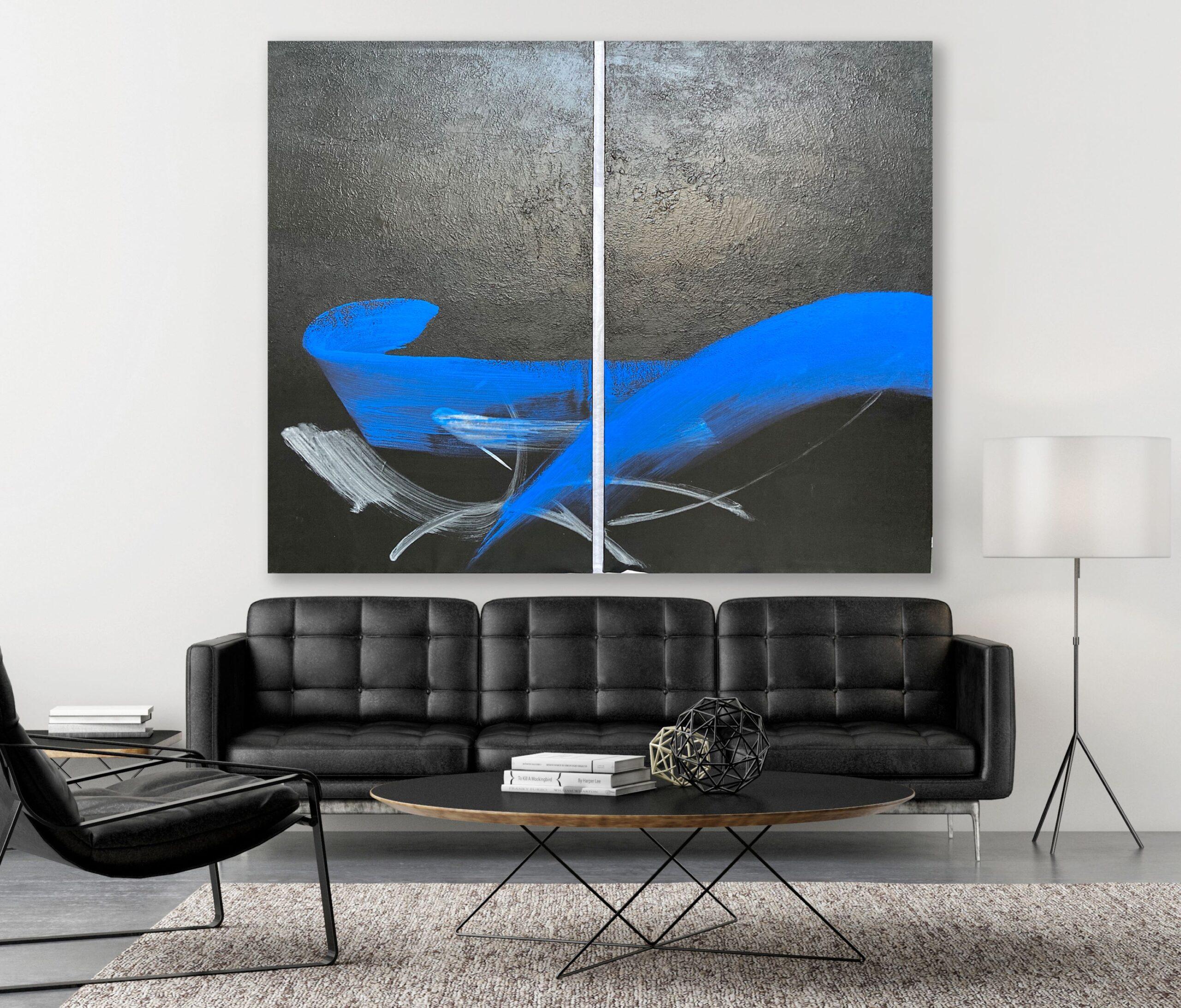 TN831-D by Hachiro Kanno - Calligraphy-based abstract painting, black and blue For Sale 1