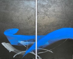 TN831-D von Hachiro Kanno – abstraktes Gemälde auf Kalligrafie, schwarz und blau
