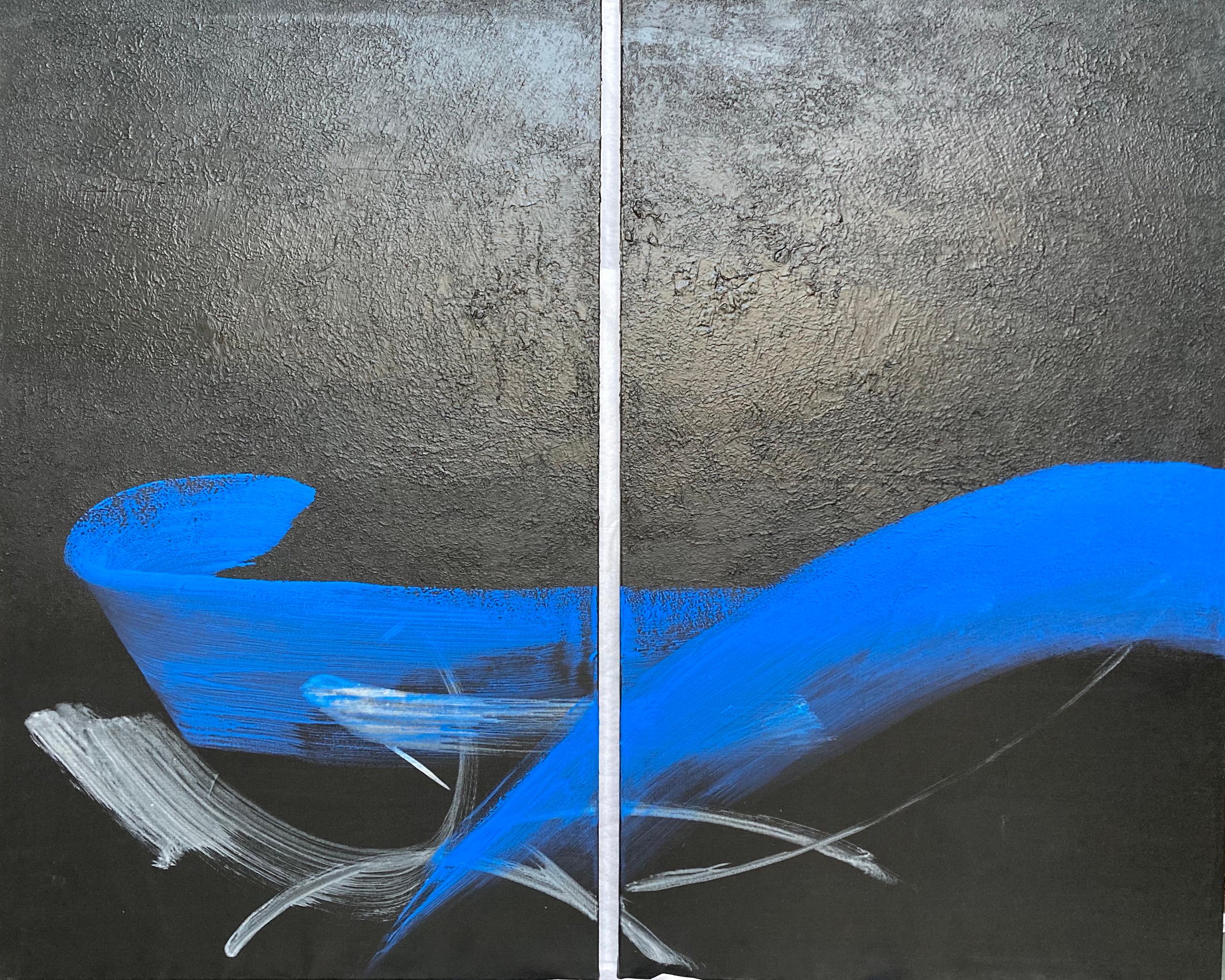 TN831-D von Hachiro Kanno – abstraktes Gemälde auf Kalligrafie, schwarz und blau