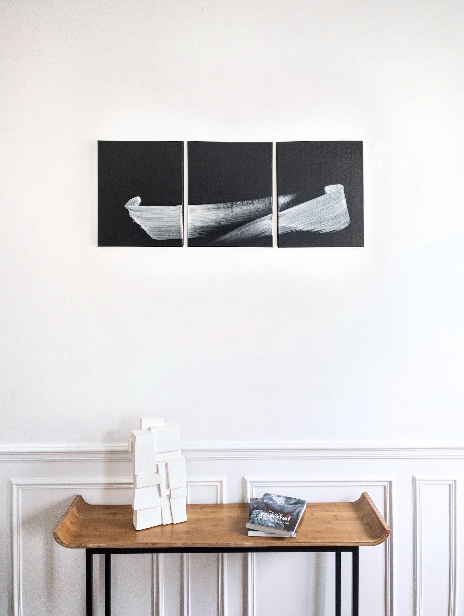 TN845-T von Hachiro Kanno - Abstrakte Malerei in Kalligrafie, Triptychon, schwarz im Angebot 2