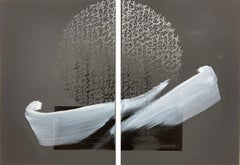 TN846-D von Hachiro Kanno – abstraktes Gemälde auf Kalligraphie basiert, Diptychon, dunkel
