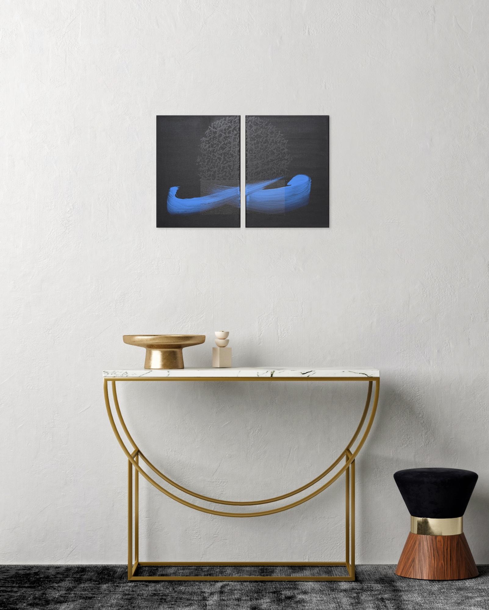 TN851-D by Hachiro Kanno - Calligraphy-based abstract painting, diptych, blue For Sale 1