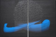 TN851-D by Hachiro Kanno - Calligraphy-based abstract painting, diptych, blue