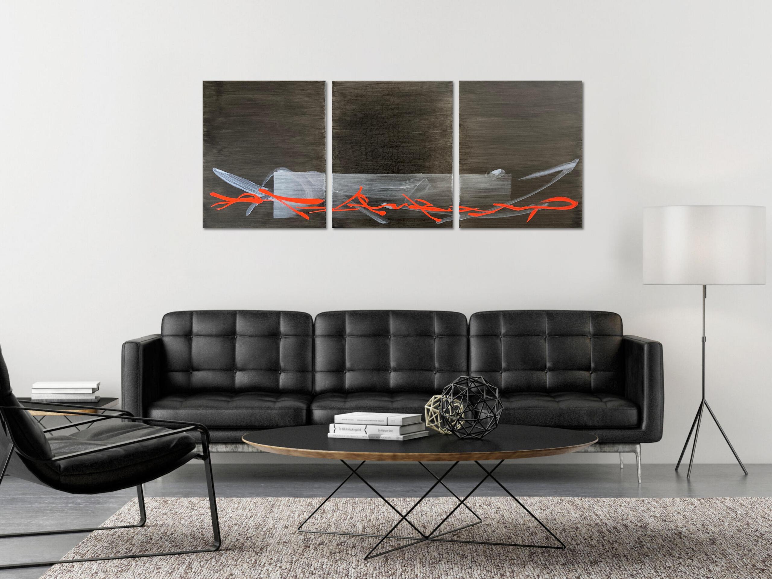 TN890-T von Hachiro Kanno – abstraktes Gemälde auf Kalligrafie basiert, Schwarz, Rot, Leben im Angebot 1