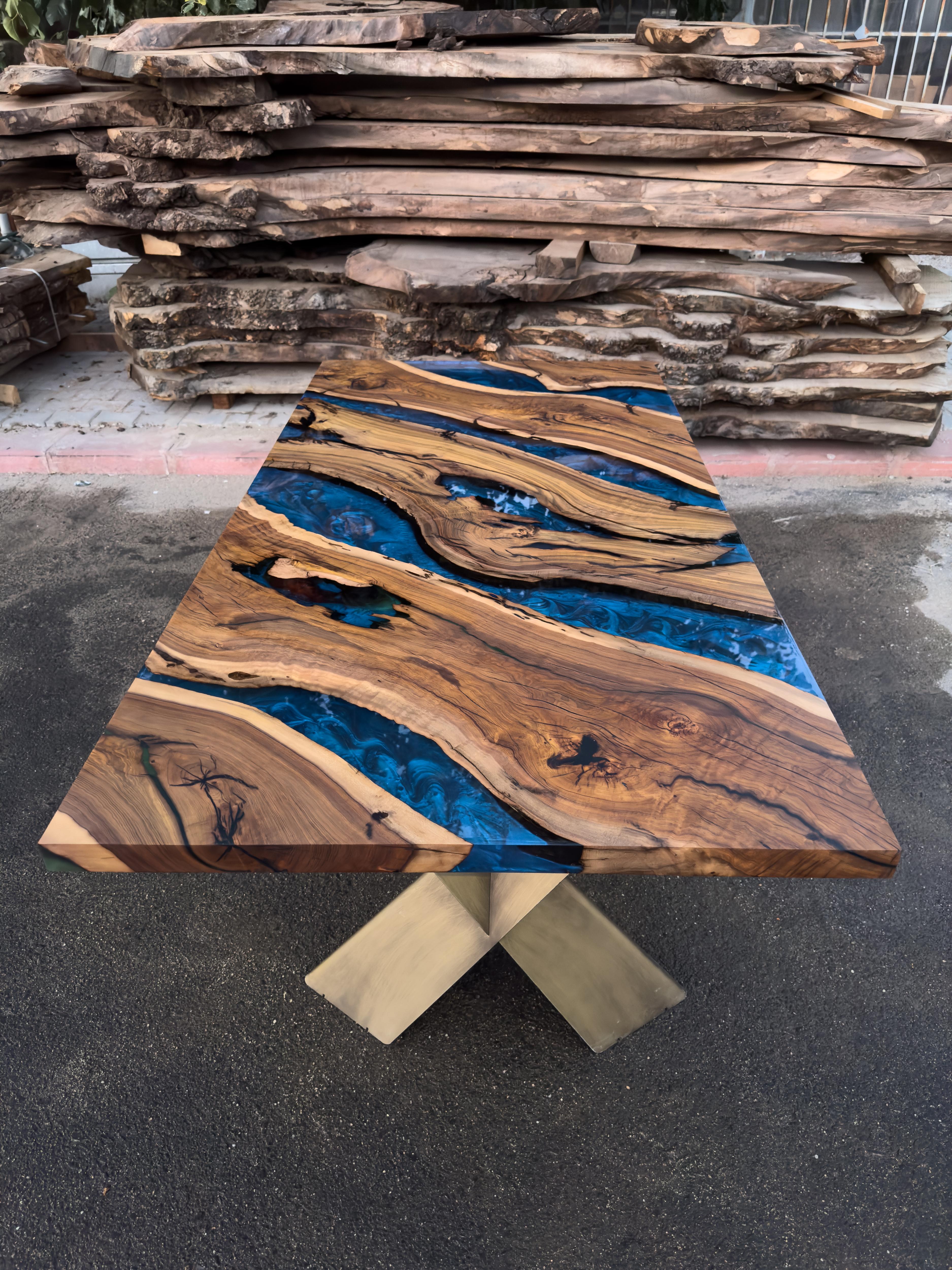 Hackberry Epoxy Resin River Wooden Dining Table For Sale 1
