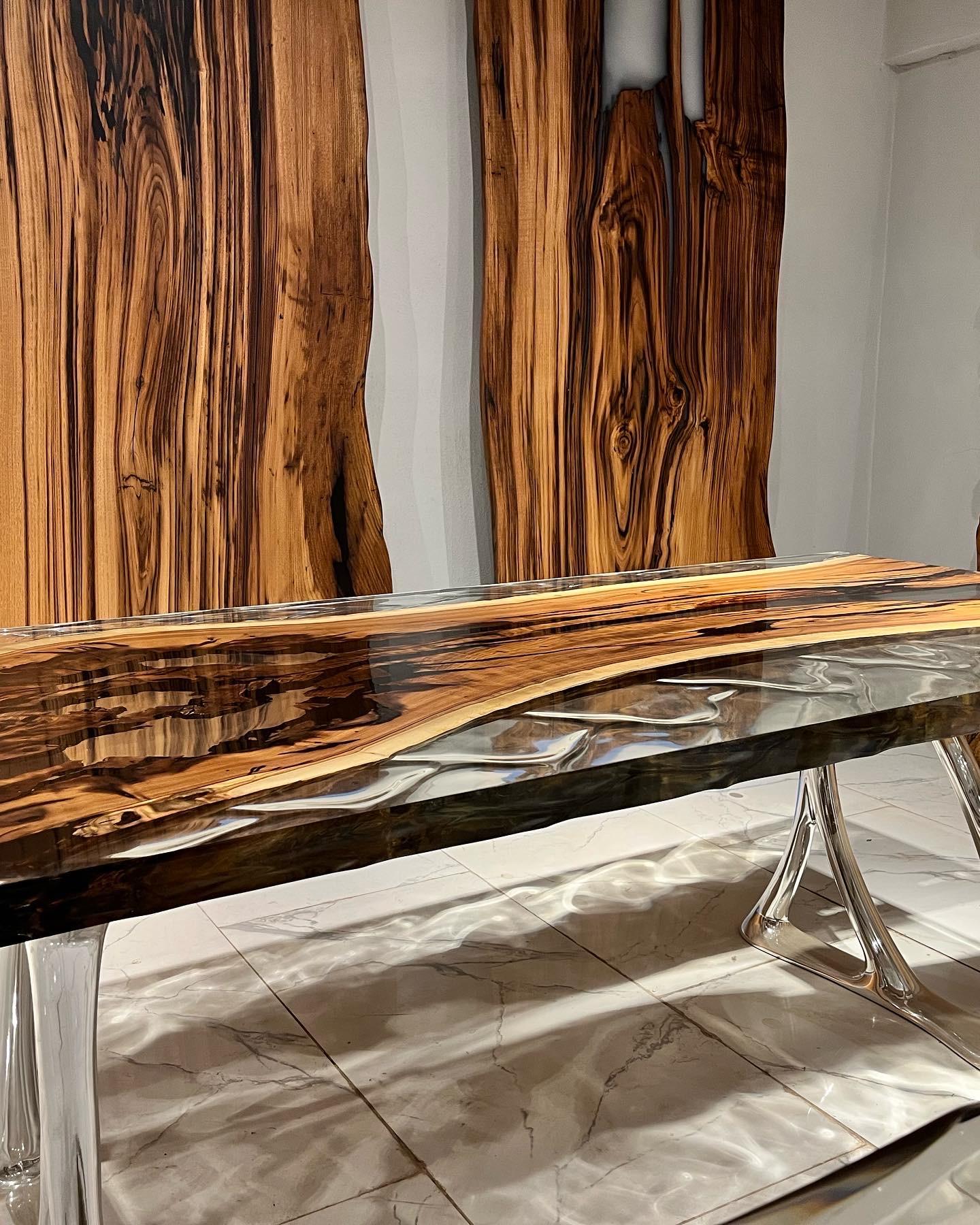 Polished Hackberry Wood Modern Wave Epoxy Clear Custom Dining Table For Sale