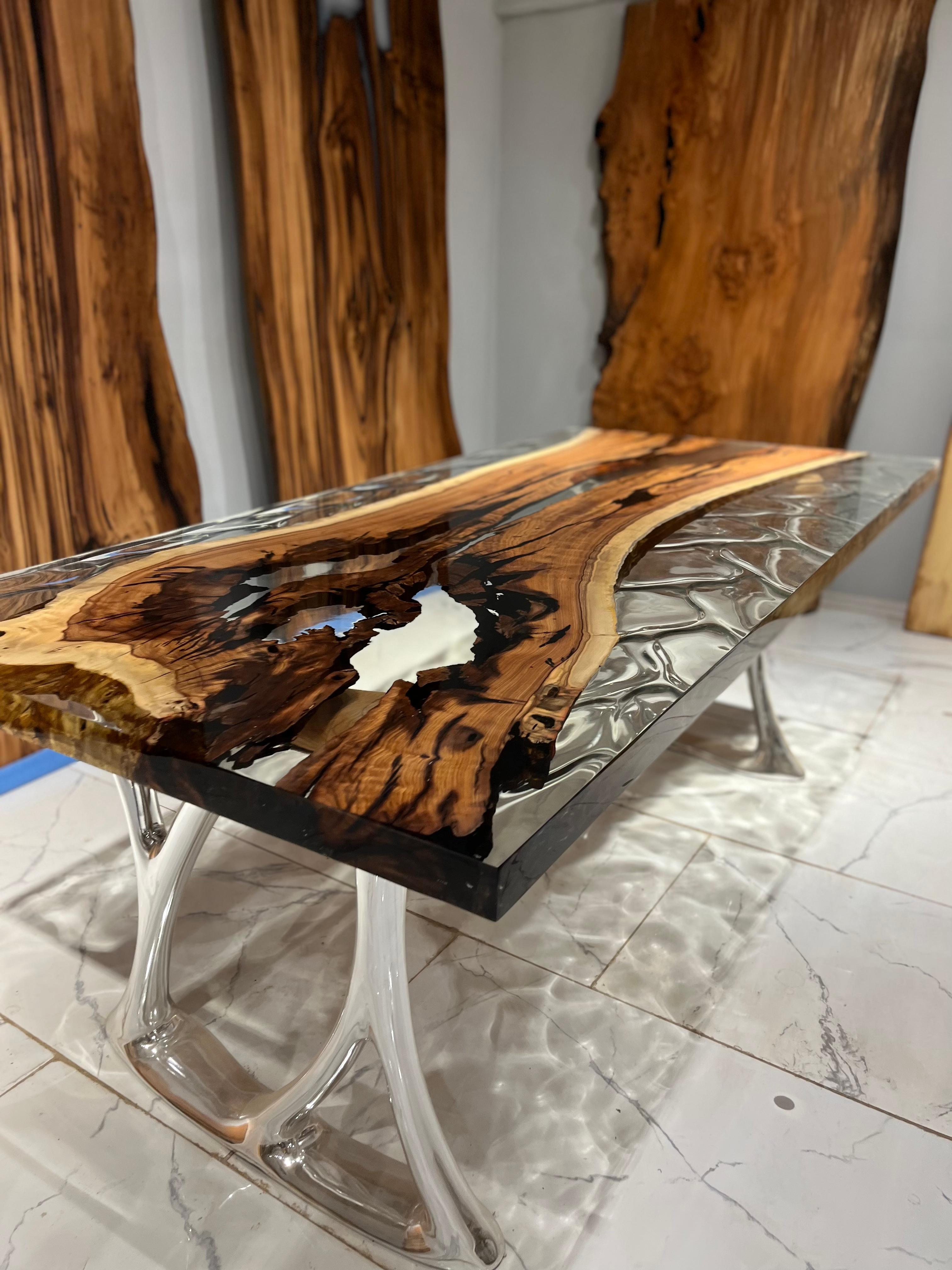 Contemporary Hackberry Wood Modern Wave Epoxy Clear Custom Dining Table For Sale