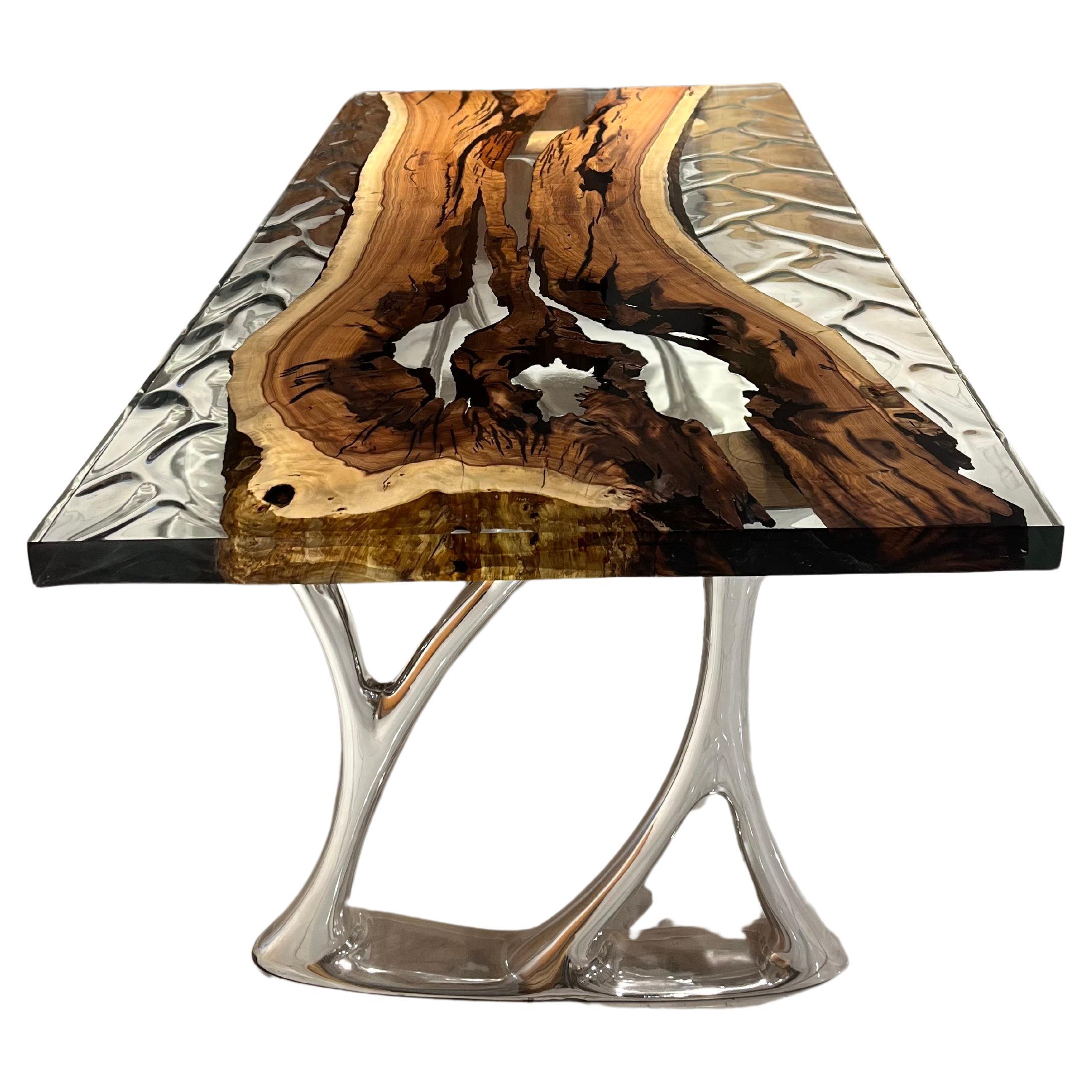 Hackberry Wood Modern Wave Epoxy Clear Custom Dining Table For Sale