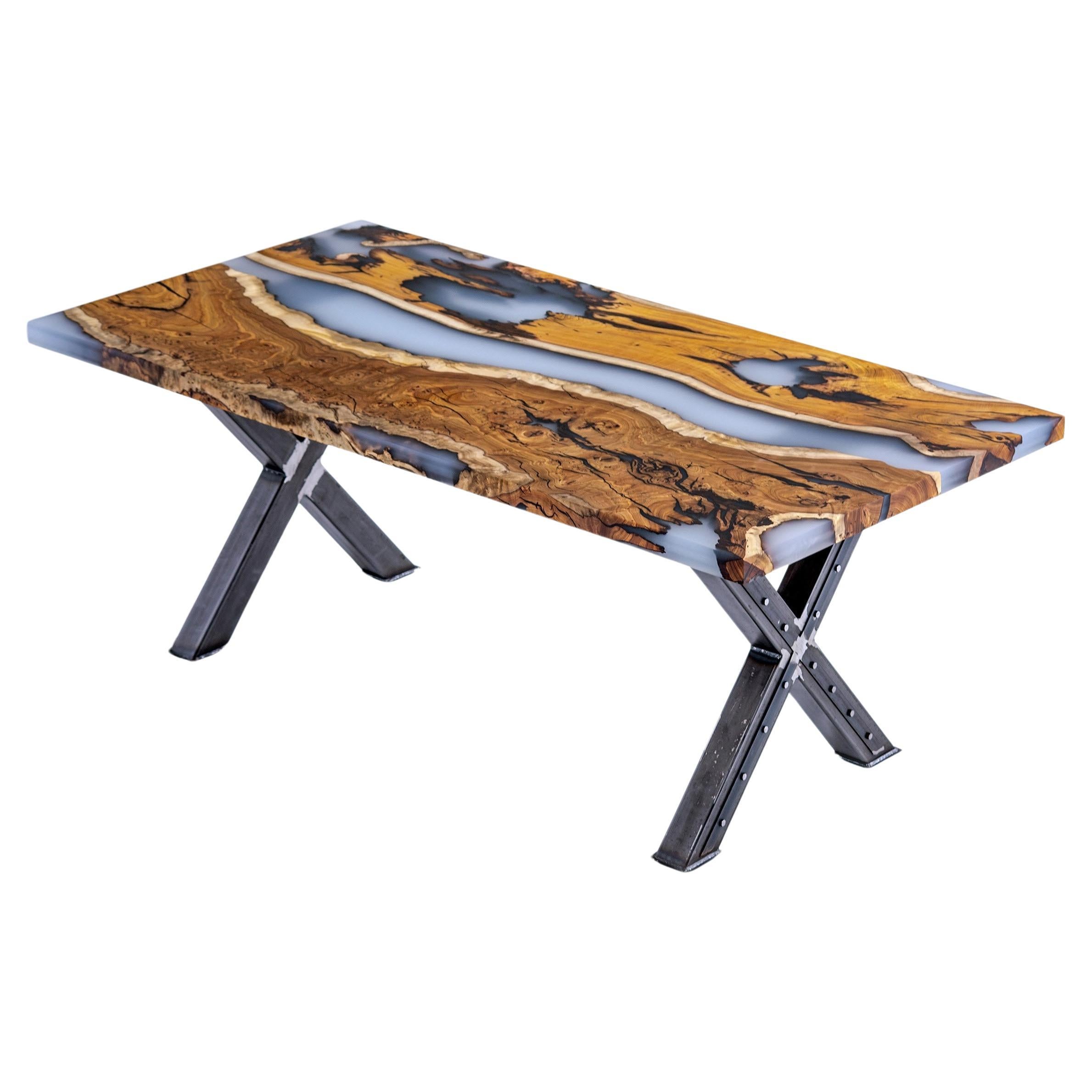 Hackberry Wood Smoke Epoxy Resin Modern River Dining Table For Sale