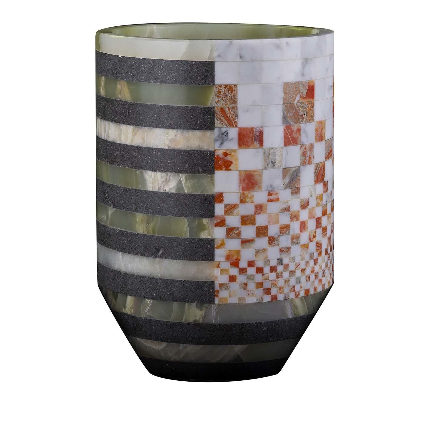 Combining carefully cut pieces of marble in a cylindrical shape with a tapered base, this exquisite vase showcases the range of colors, veining and natural features of white Carrara marble, rainbow onyx, basalt and green onyx in a geometric pattern