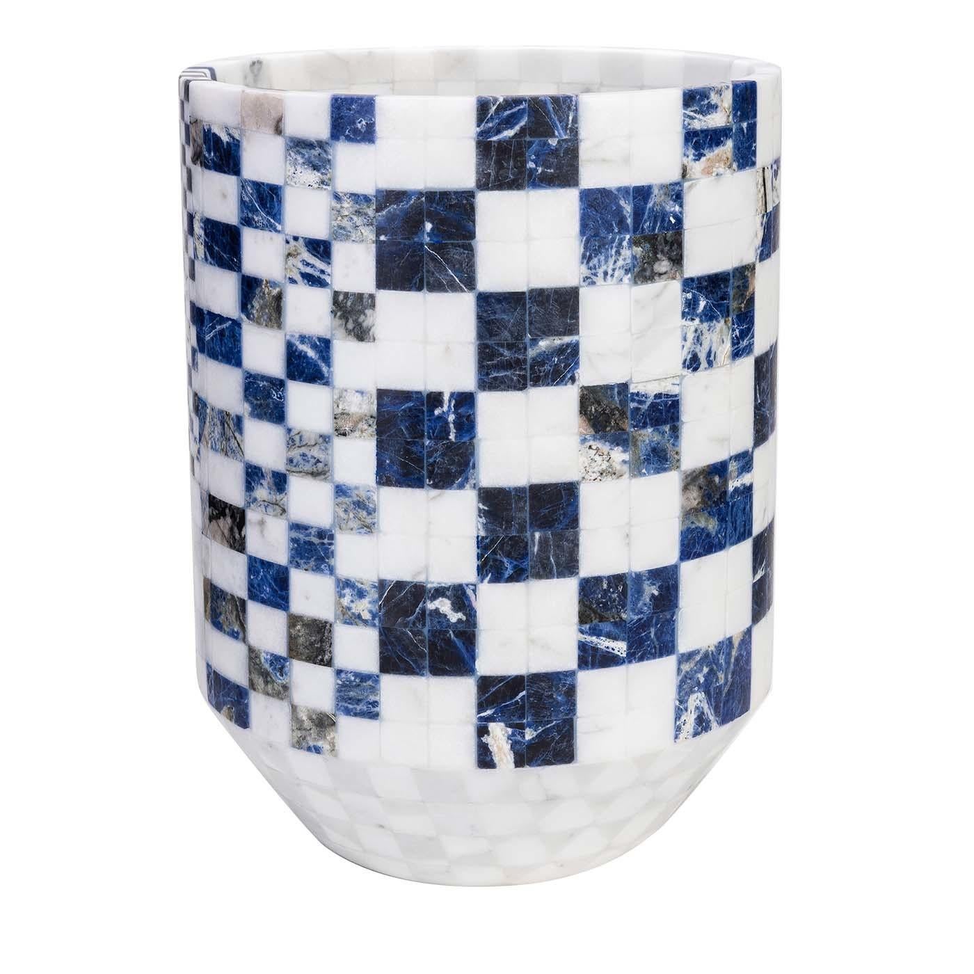 A kaleidoscopic design graces the surface of this vase of rare sophistication by Manuel Coltri and Paolo De Vivo executed by carefully cutting and composing sections of white Carrara and white Sivec marbles with blue sodalite. The checkerboard