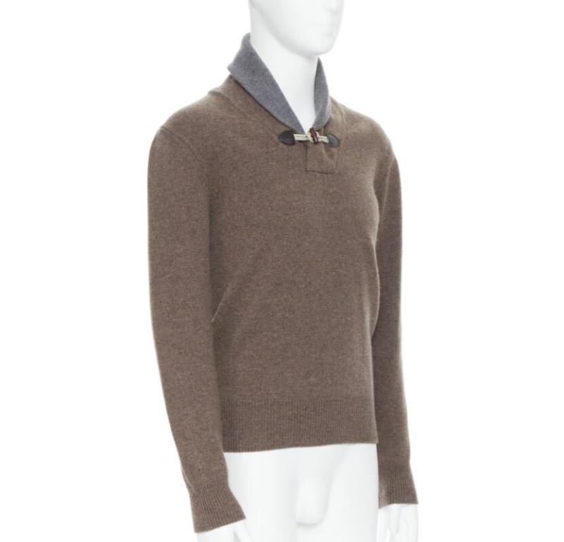 Gris HACKETT Merino Cashmere brown grey shawl collar toggle pullover pull XS en vente