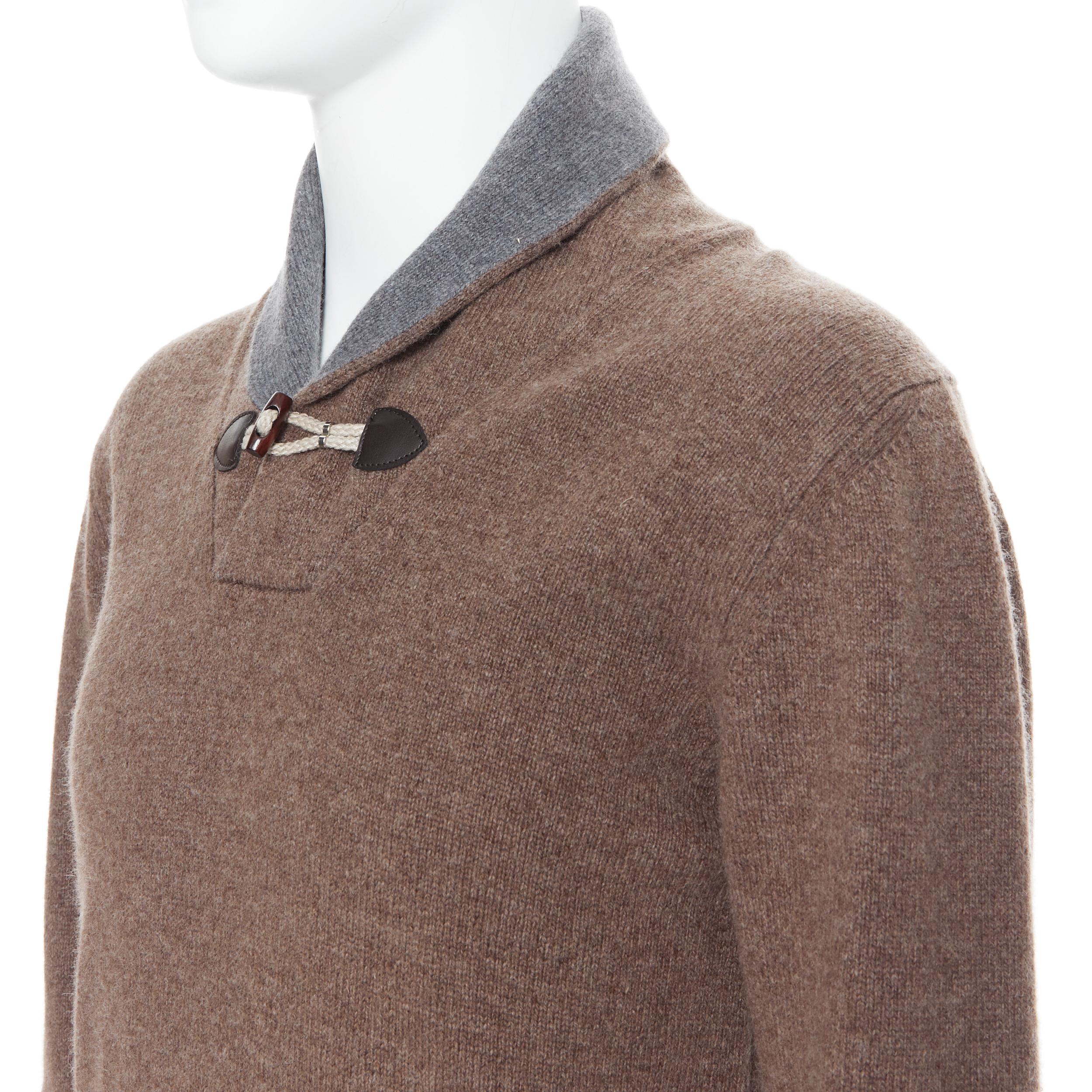 HACKETT Merino Cashmere brown grey shawl collar toggle pullover sweater XS In Excellent Condition For Sale In Hong Kong, NT