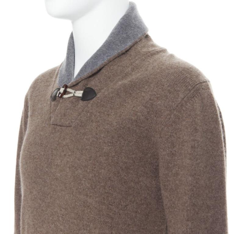 HACKETT Merino Cashmere brown grey shawl collar toggle pullover pull XS en vente 2