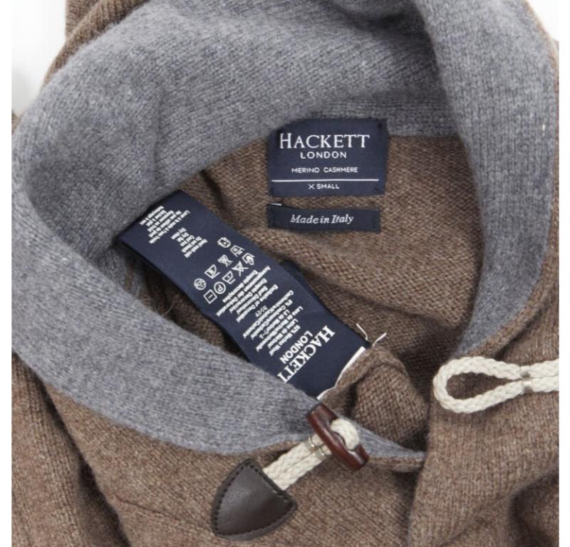 HACKETT Merino Cashmere brown grey shawl collar toggle pullover pull XS en vente 3