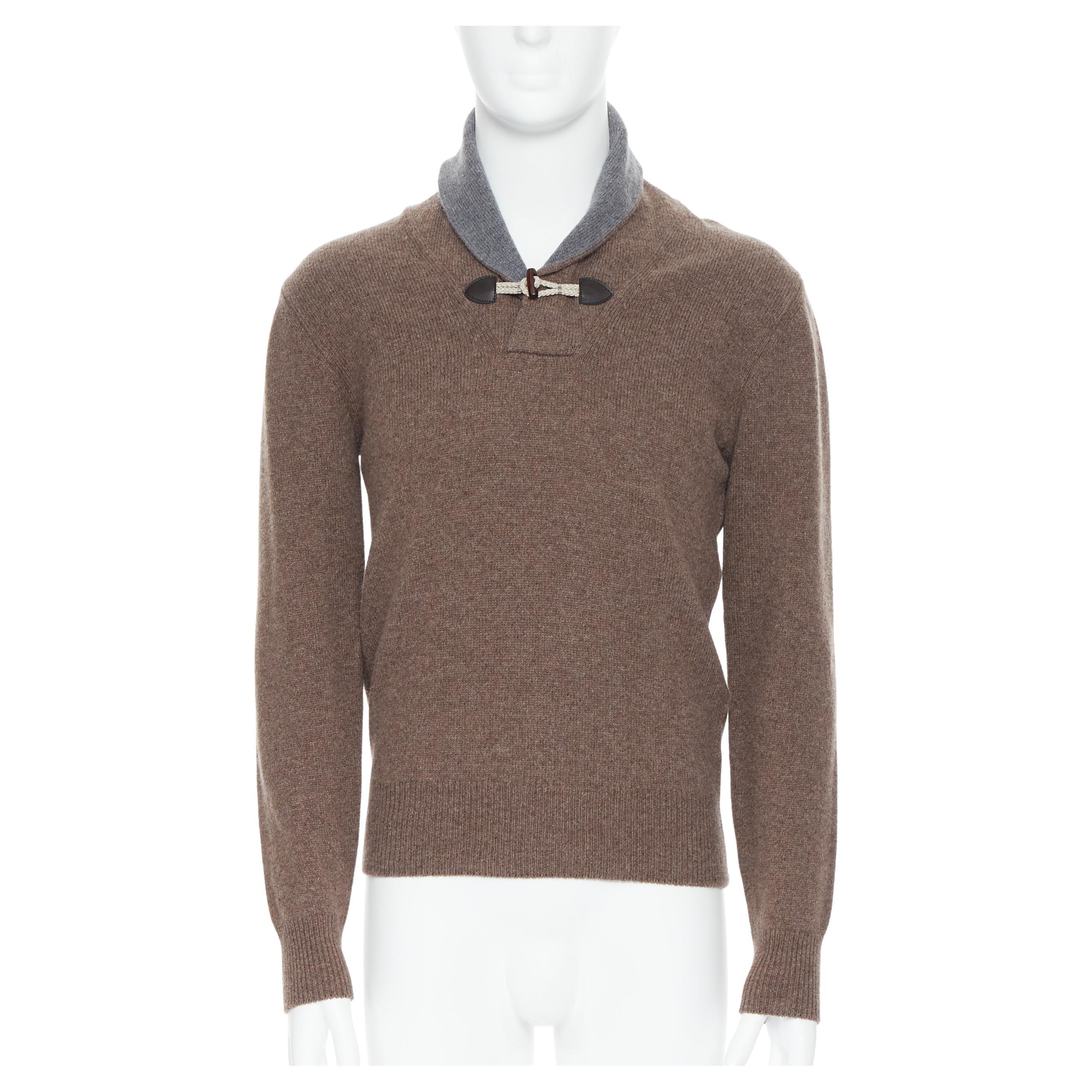 HACKETT Merino Cashmere brown grey shawl collar toggle pullover sweater XS For Sale