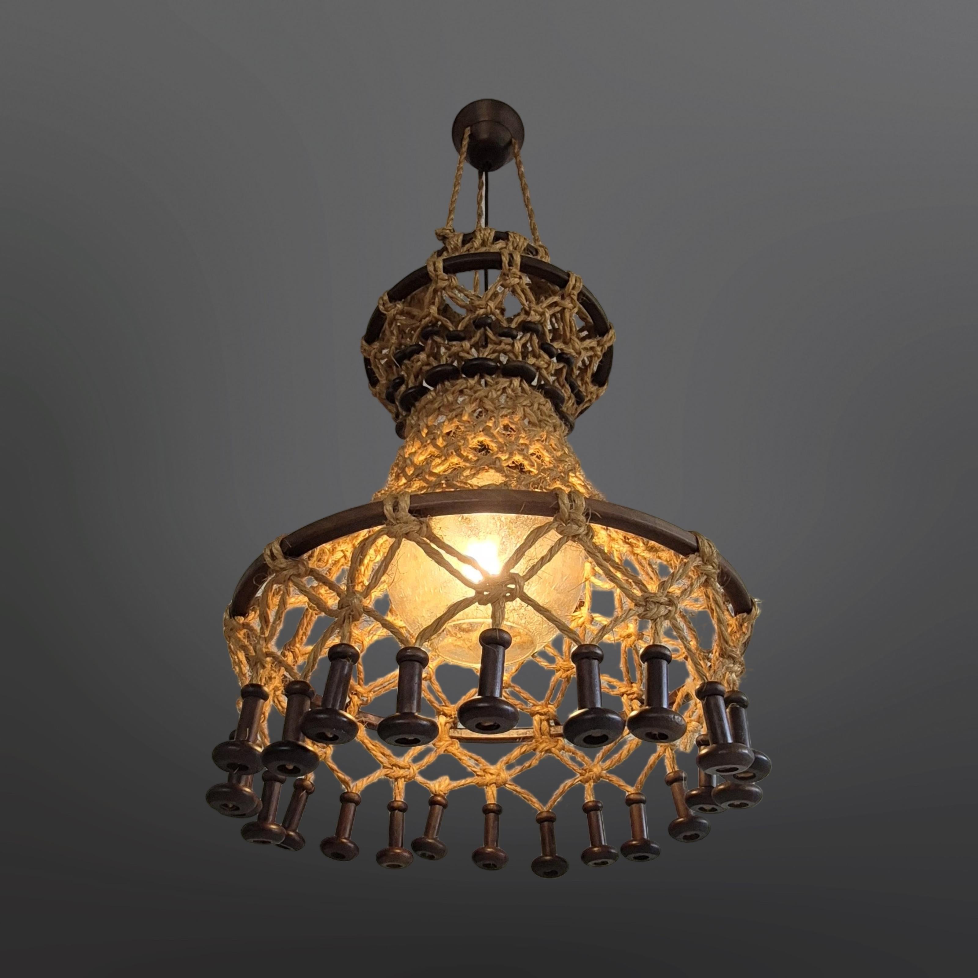 Bohemian Had crafted wabi sabi pendant lamp by Temde, Switzerland 1960s