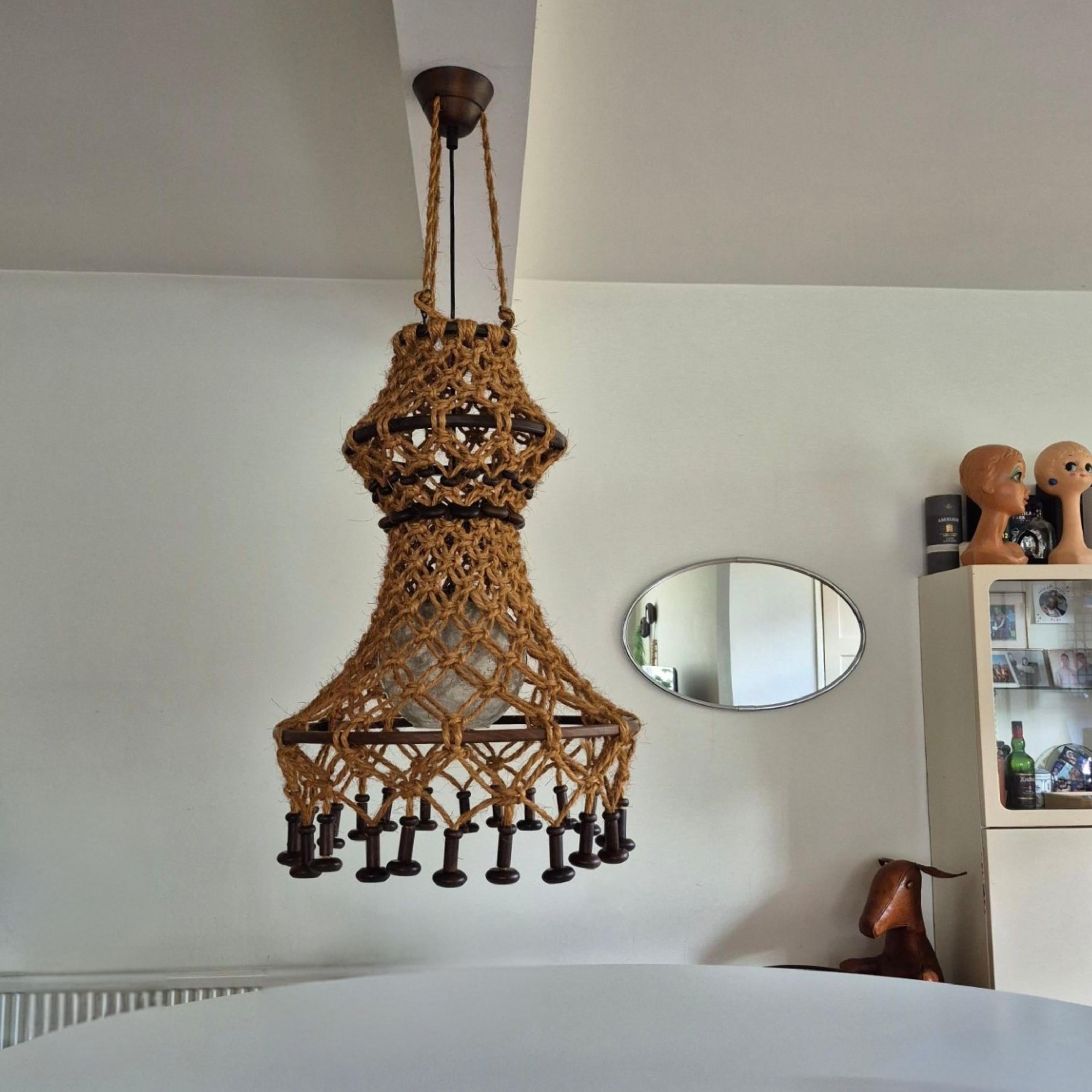 Natural Fiber Had crafted wabi sabi pendant lamp by Temde, Switzerland 1960s