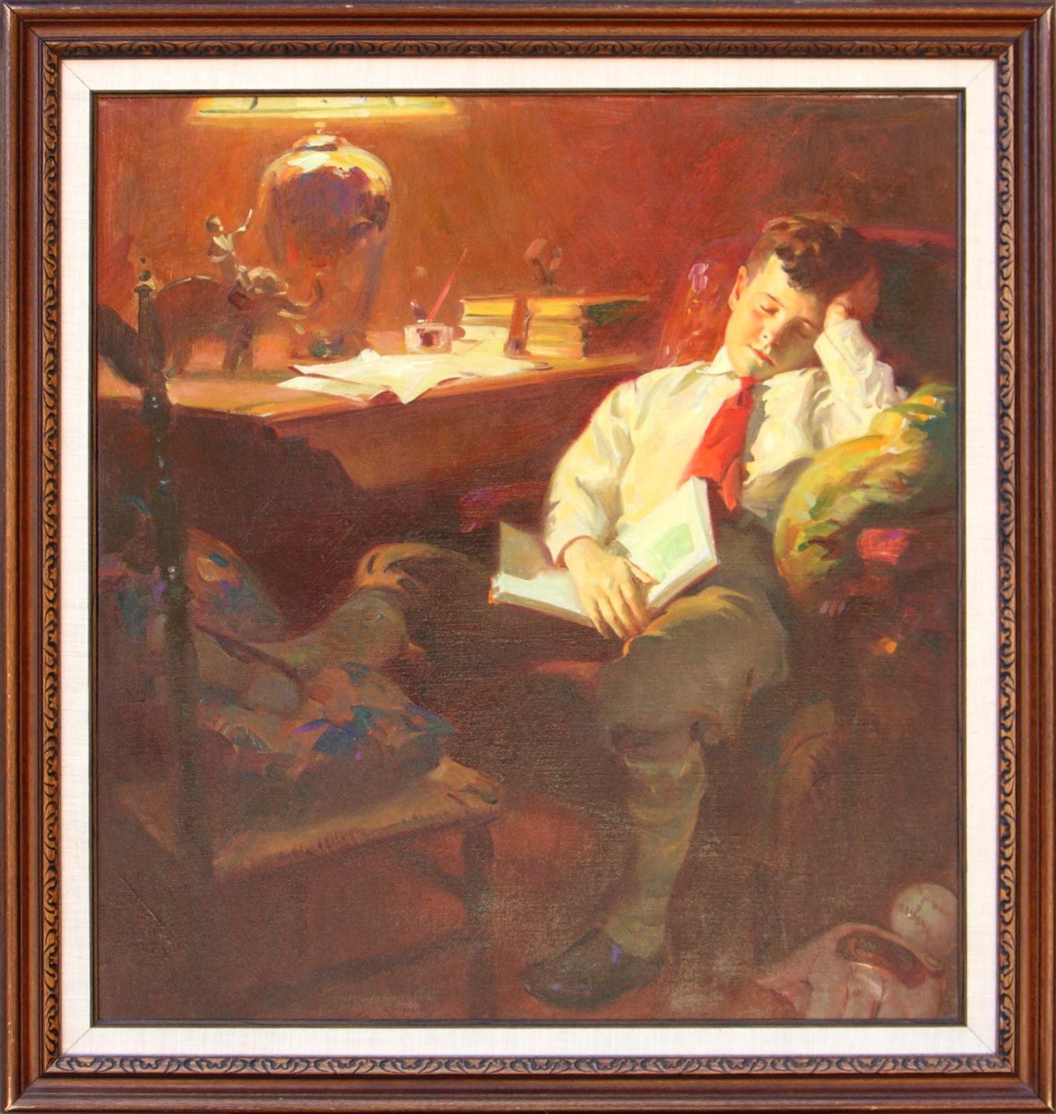 Boy Falls Asleep in a Chair With Book in His Lap - Painting by Haddon Hubbard Sundblom