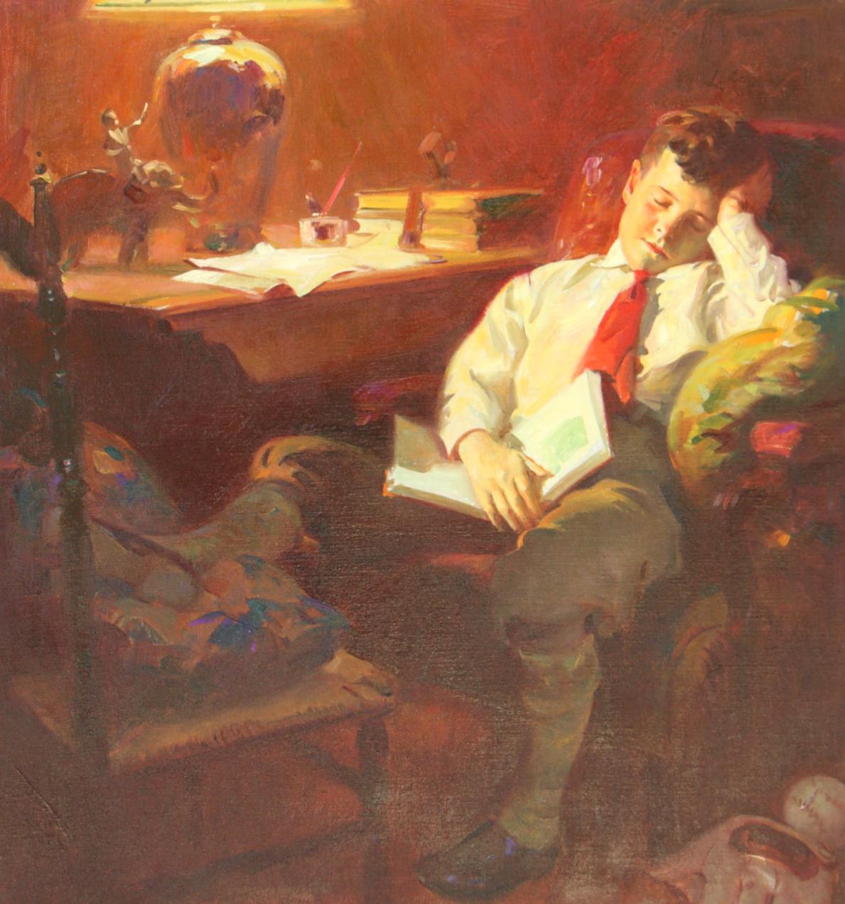 Haddon Hubbard Sundblom Figurative Painting - Boy Falls Asleep in a Chair With Book in His Lap