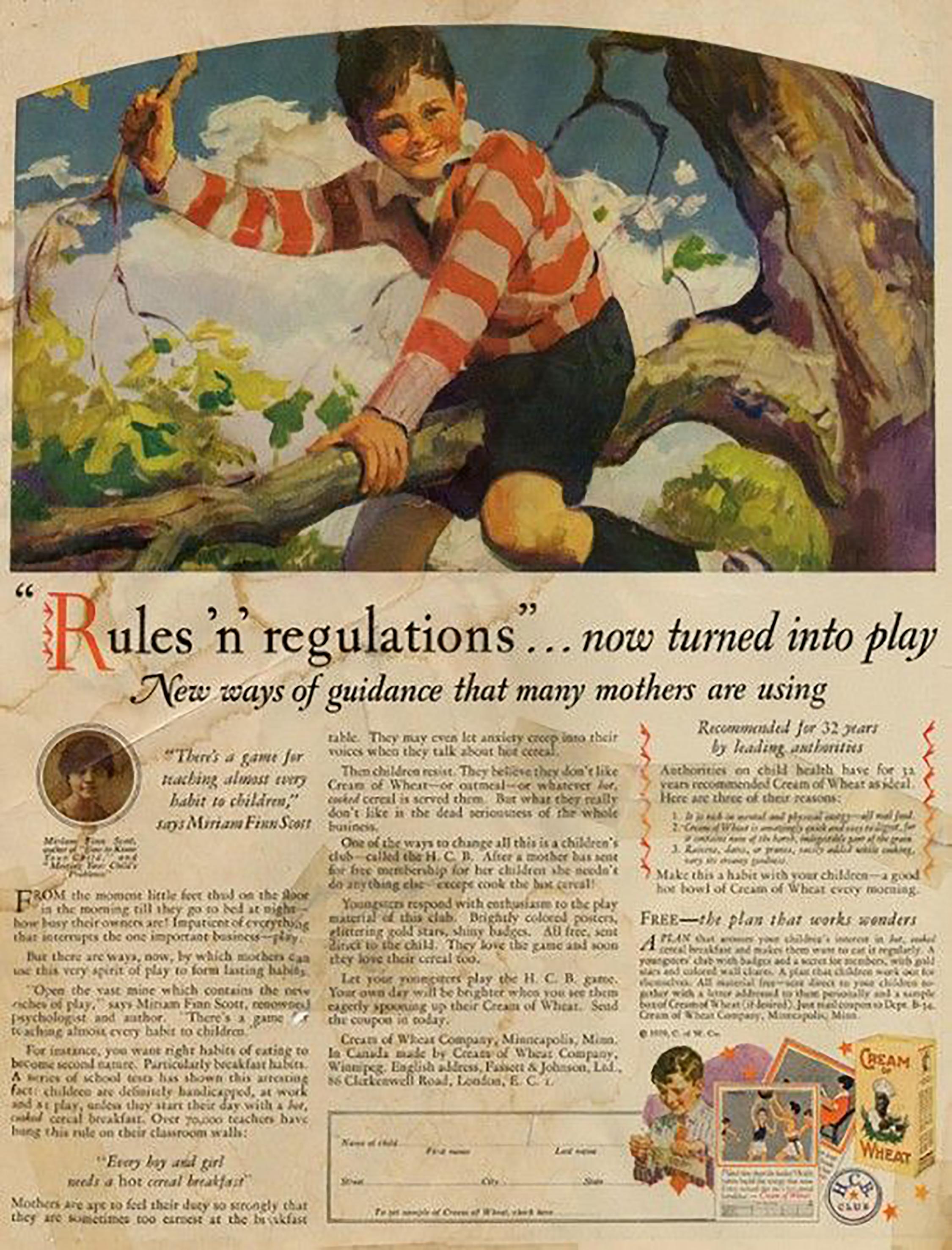 Boy in gestreiftem Pullover sitzt auf einem Baumzweig, Werbung, Weizencreme of Wheat, 1929 – Painting von Haddon Hubbard Sundblom