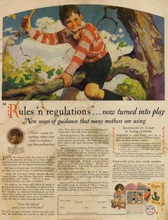 Garçon en pull rayé assis sur une branche d'arbre, publicité, crème de blé