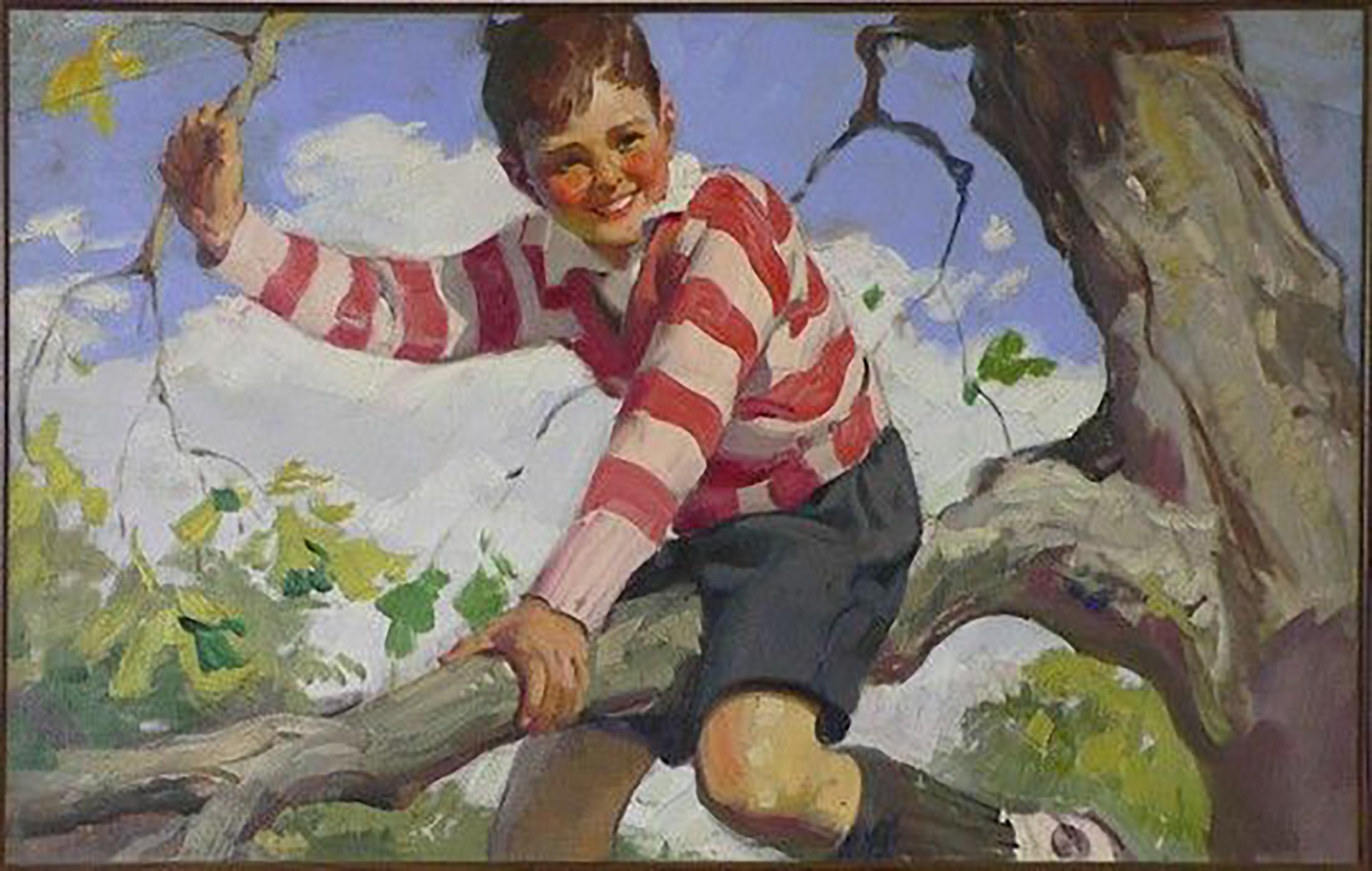 Haddon Hubbard Sundblom Figurative Painting – Boy in gestreiftem Pullover sitzt auf einem Baumzweig, Werbung, Weizencreme of Wheat, 1929