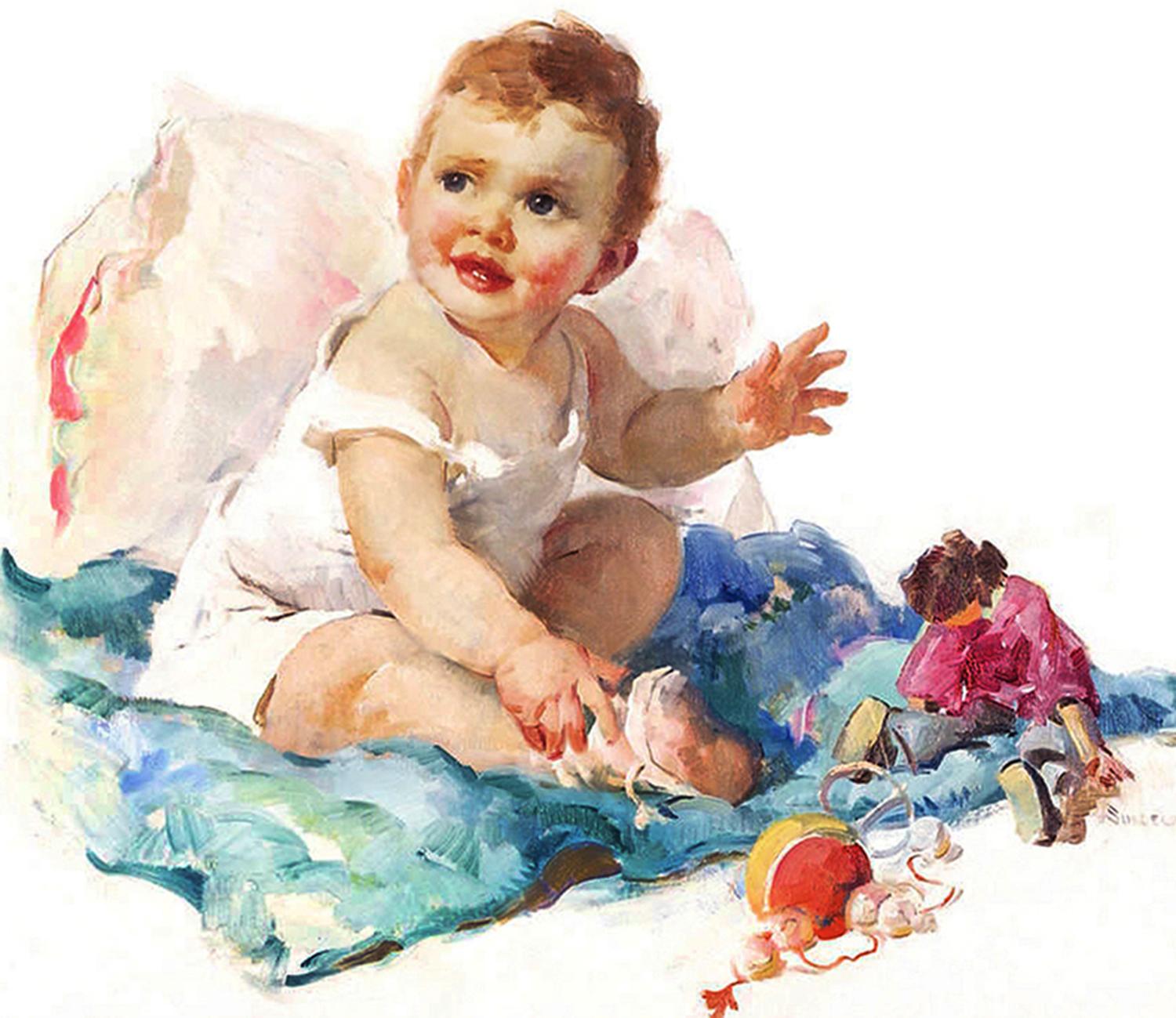 Cute Baby with Rosy Cheeks playing with Toys  - Painting by Haddon Hubbard Sundblom