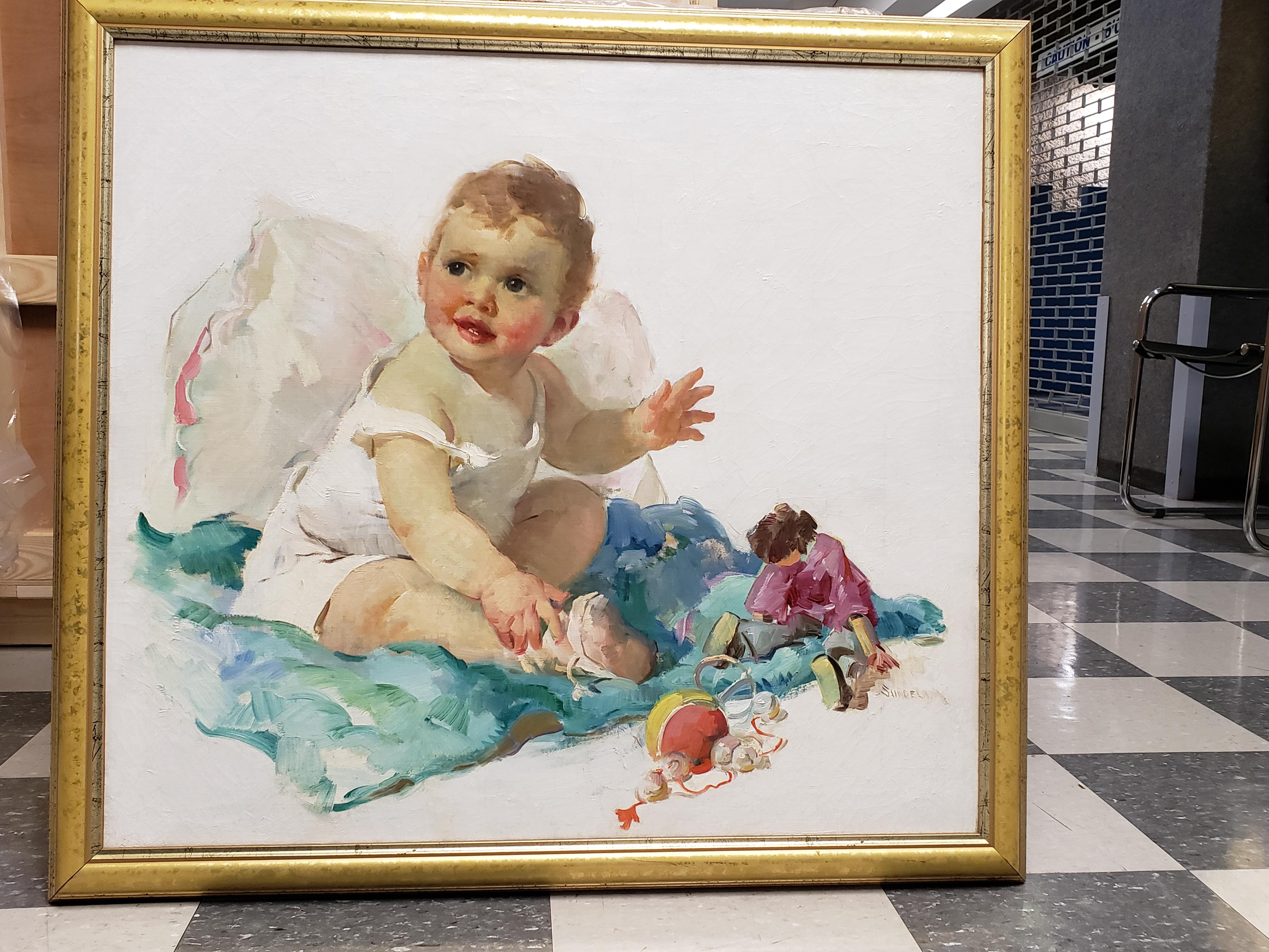 Baby Cute avec chérubins rosy jouant avec des jouets  - Naturalisme Painting par Haddon Hubbard Sundblom