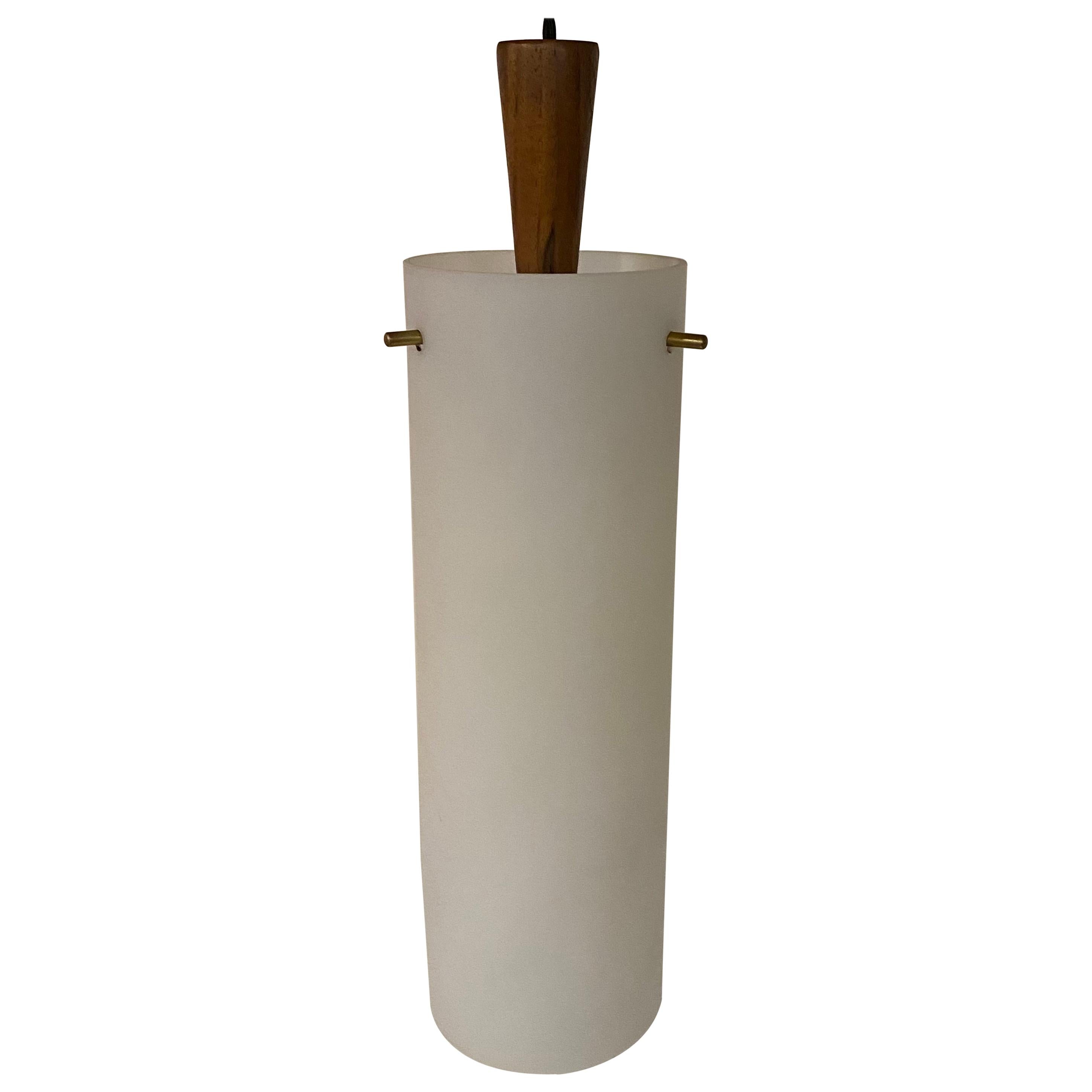 Hadeland Frosted Glass, Brass and Wood Pendant Light Fixture For Sale