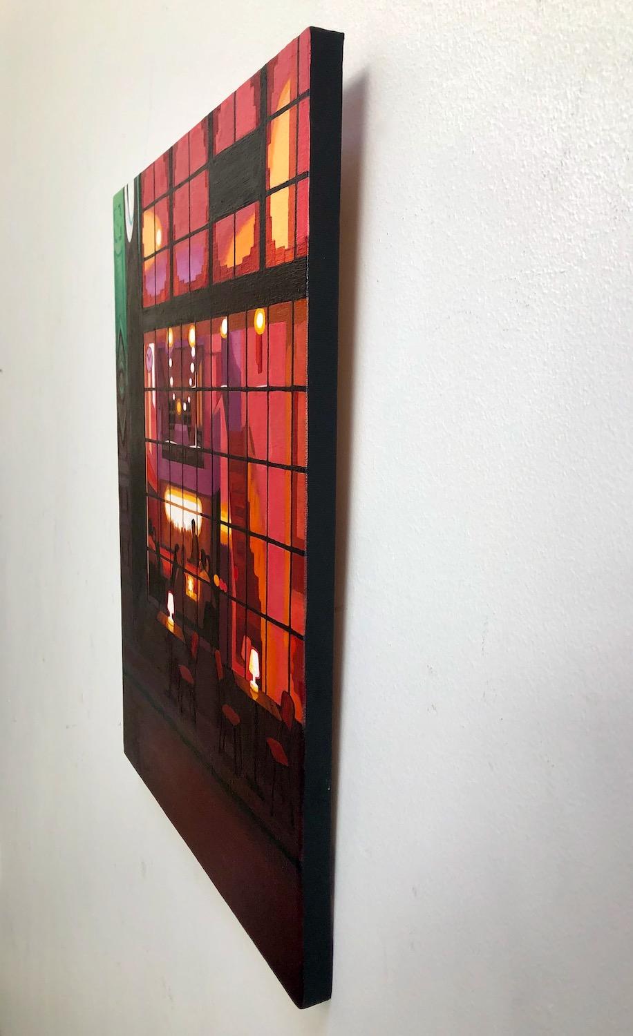 <p>Artist Comments<br>Artist Hadley Northrop captures the alluring facade of a restaurant in Amsterdam. The grand factory and clerestory windows expose the lively interior against the dimly lit outdoors. The warm glow of electric lights illuminates