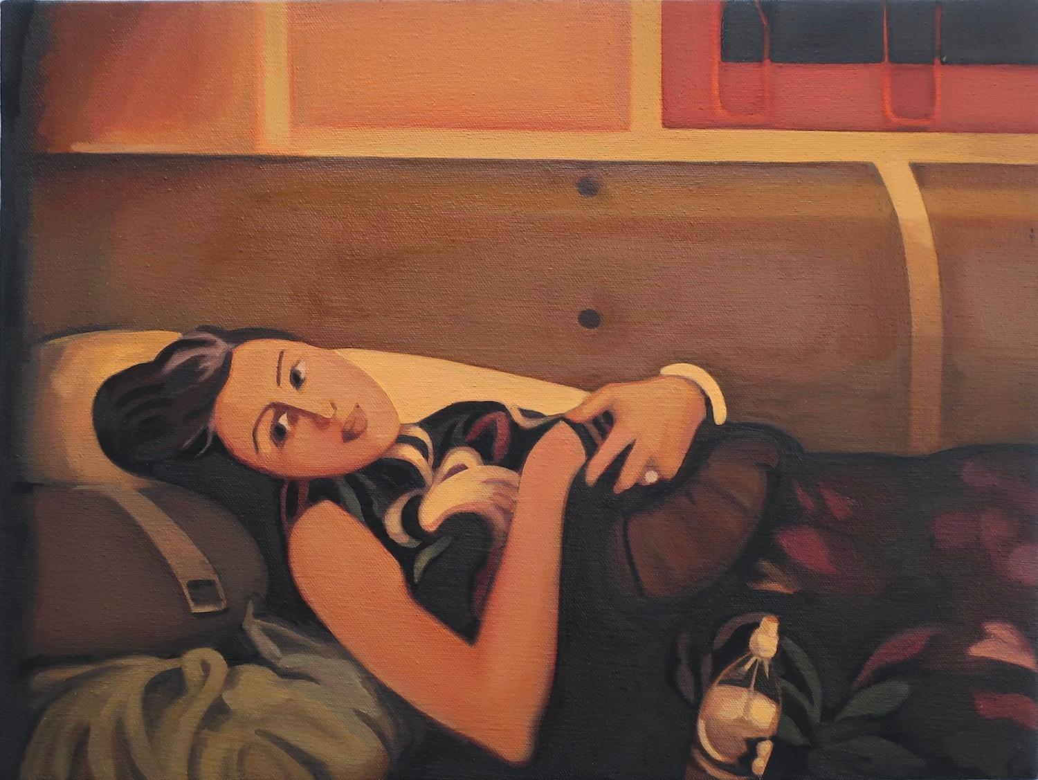 Hadley Northrop Figurative Painting - Young Woman Resting on a Pile of Coats, Oil Painting