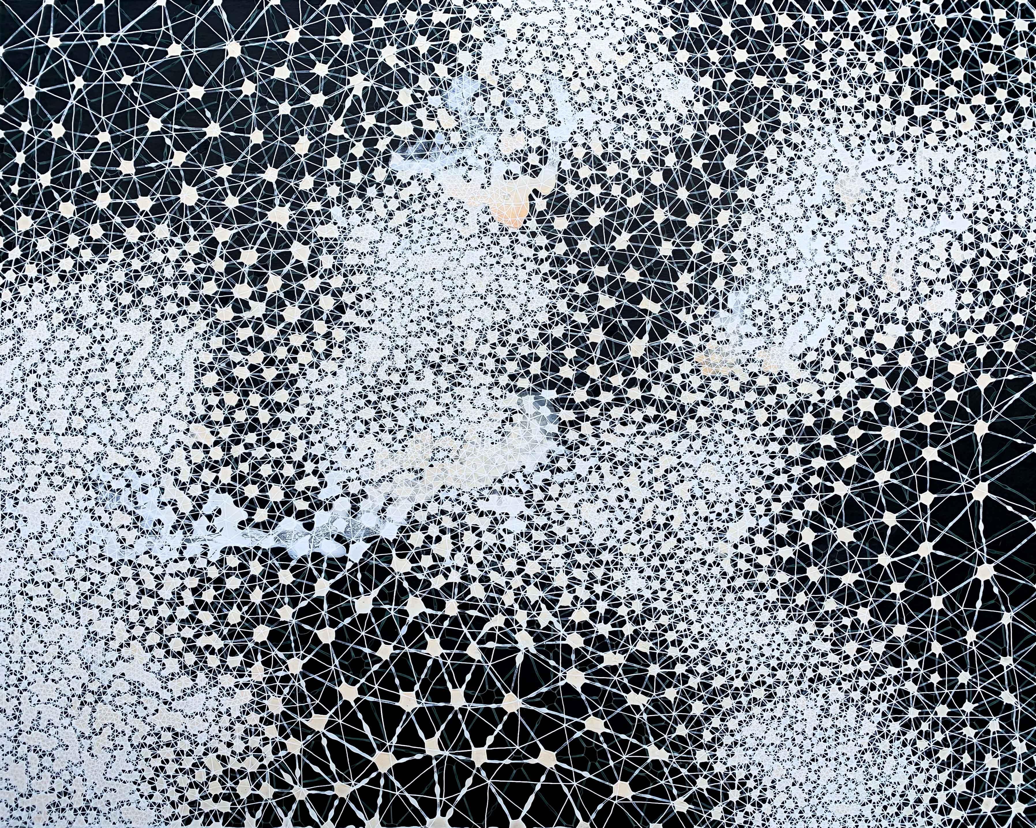 Abstract Painting di Hadley Radt - Pattern Seeker - dipinto geometrico astratto blu bianco nero