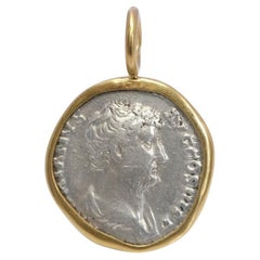 Antique Hadrian and Egypte - Ibis - Set in 22k Gold Ancient Silver Pendant Denarius