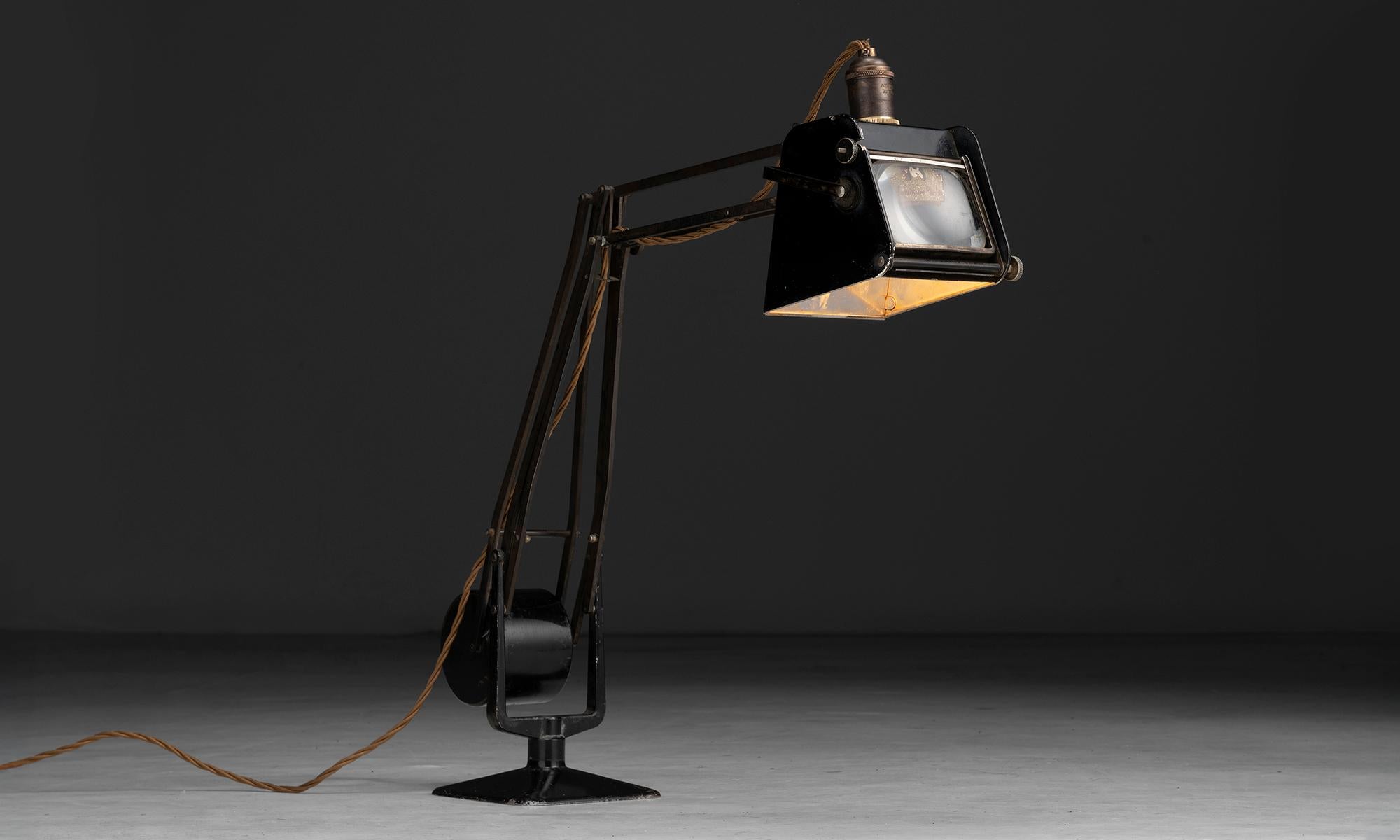 England, 1950
Adjustable magnifying glass on counter balance system.
6.25”w x 18”- 36”d x 27”h
Ref. L5261
$ 2,400
