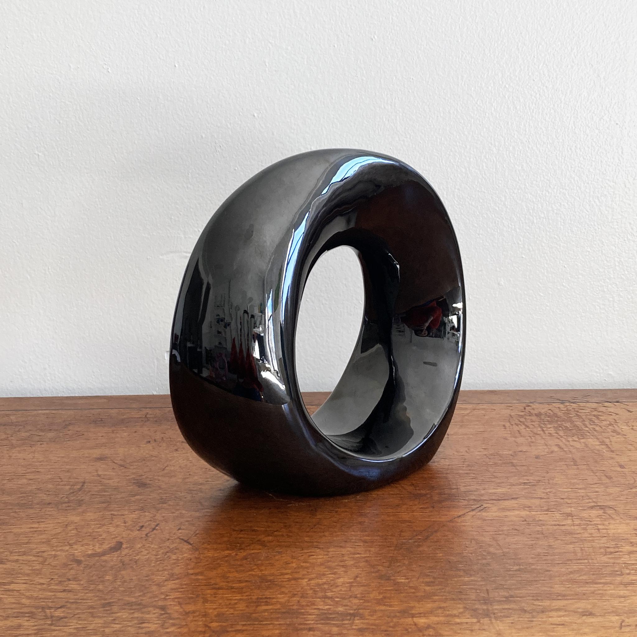 American Haeger Gloss Black Postmodern Abstract Circular Twisted Orb Sculpture For Sale