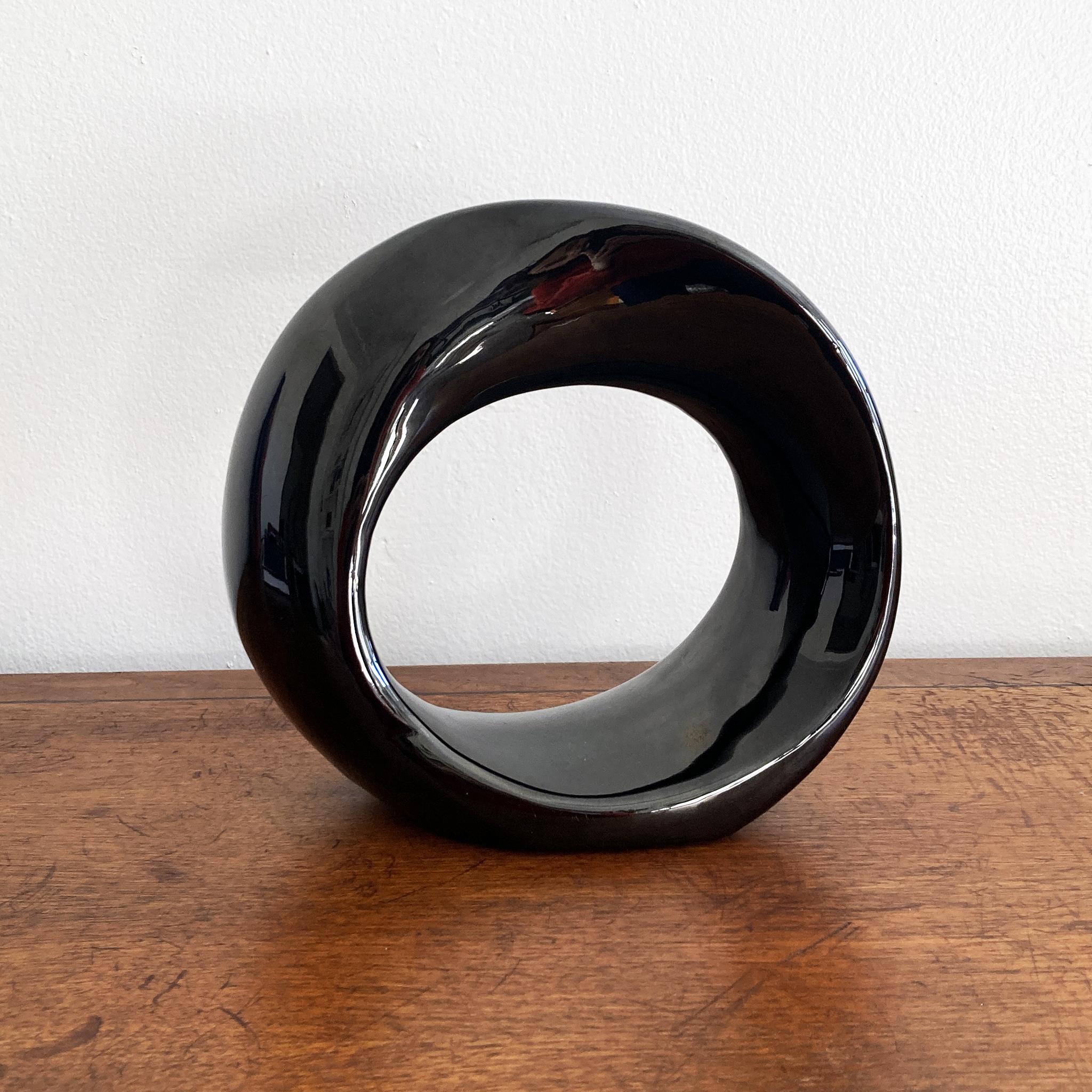 Ceramic Haeger Gloss Black Postmodern Abstract Circular Twisted Orb Sculpture For Sale
