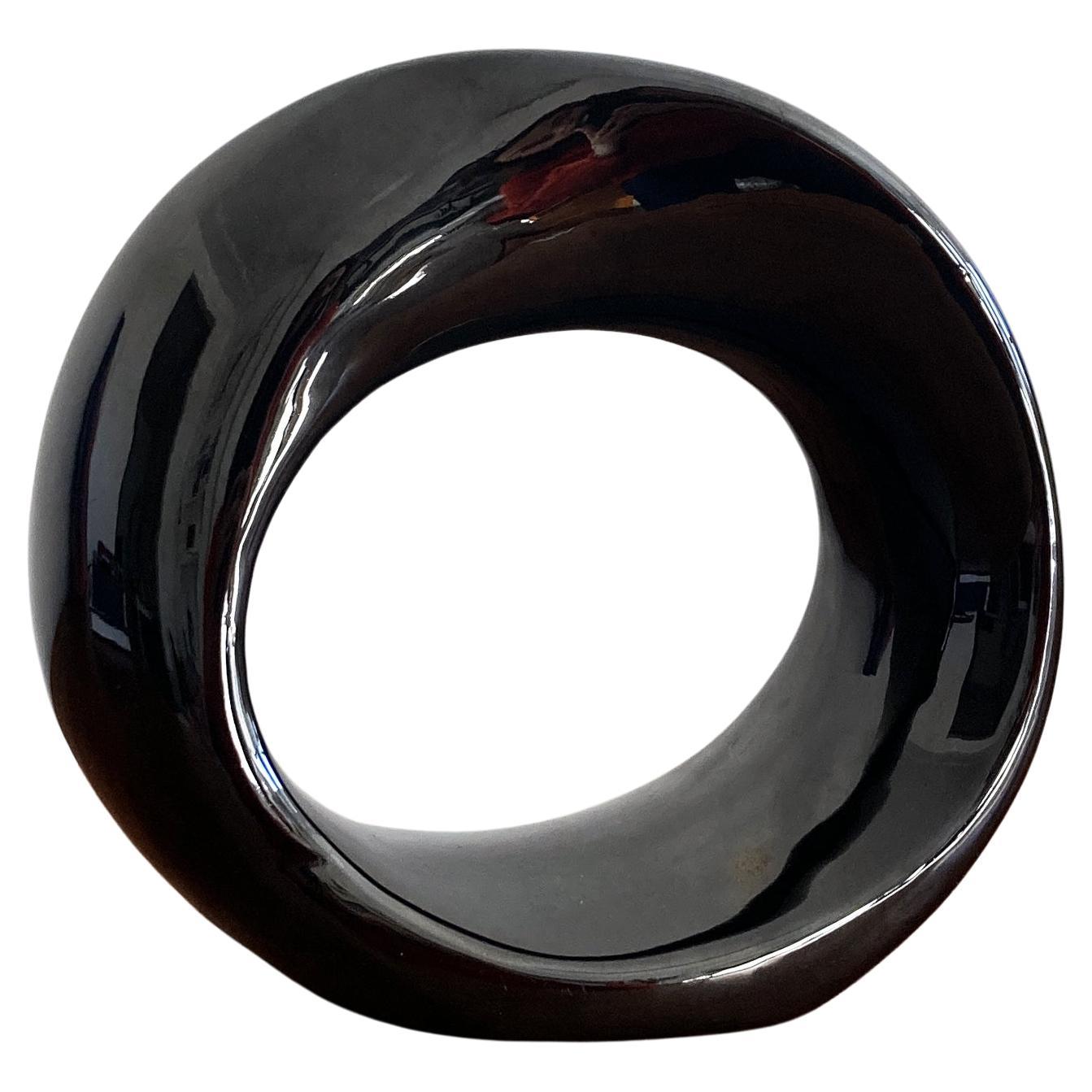 Haeger Gloss Black Postmodern Abstract Circular Twisted Orb Sculpture For Sale