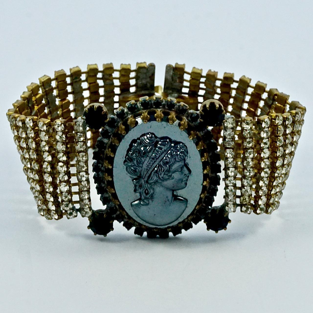 Haematite and Black Glass Cameo Bracelet with Clear Rhinestones For Sale 1