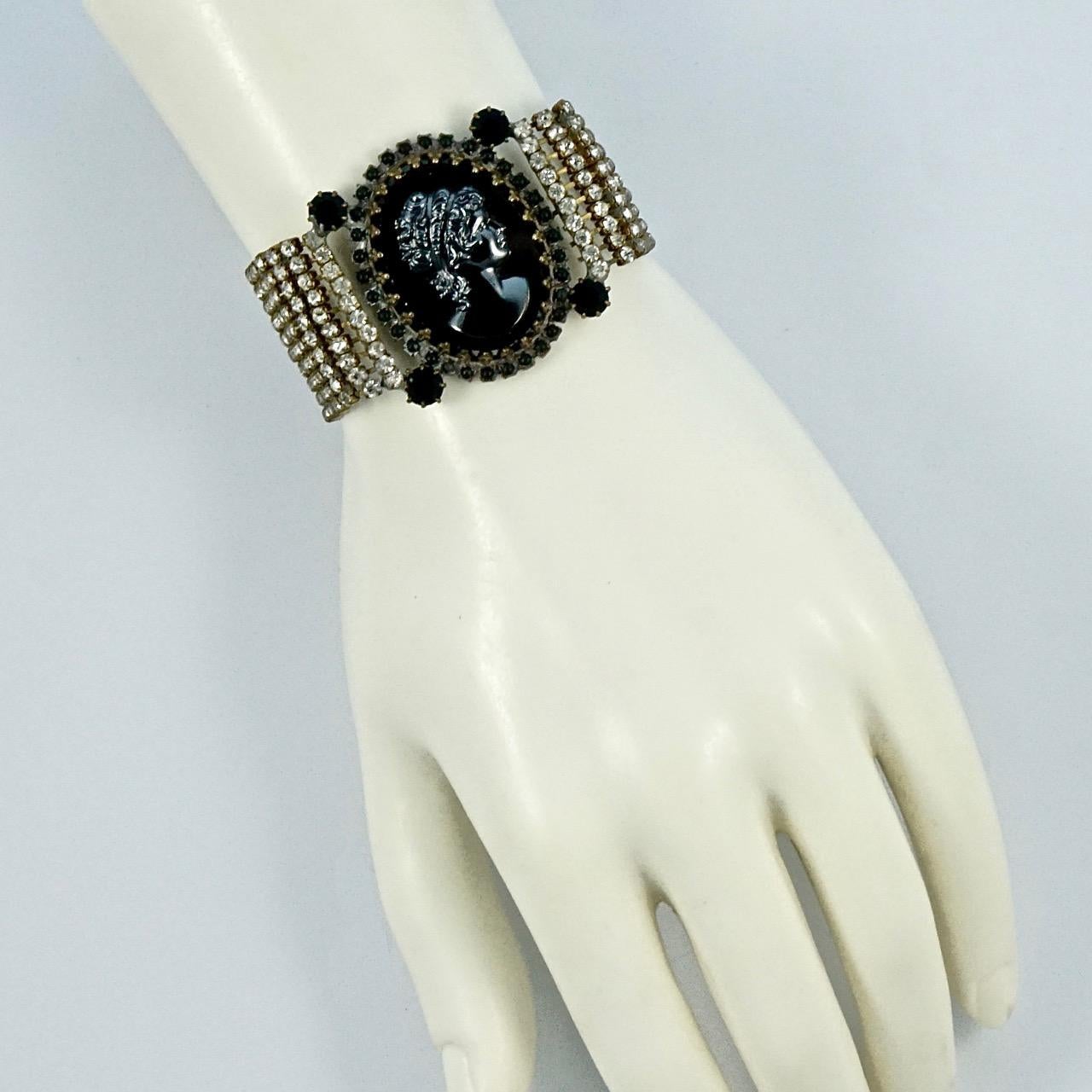 Haematite and Black Glass Cameo Bracelet with Clear Rhinestones For Sale 2