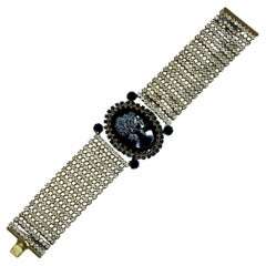 Haematite and Black Glass Cameo Bracelet with Clear Rhinestones