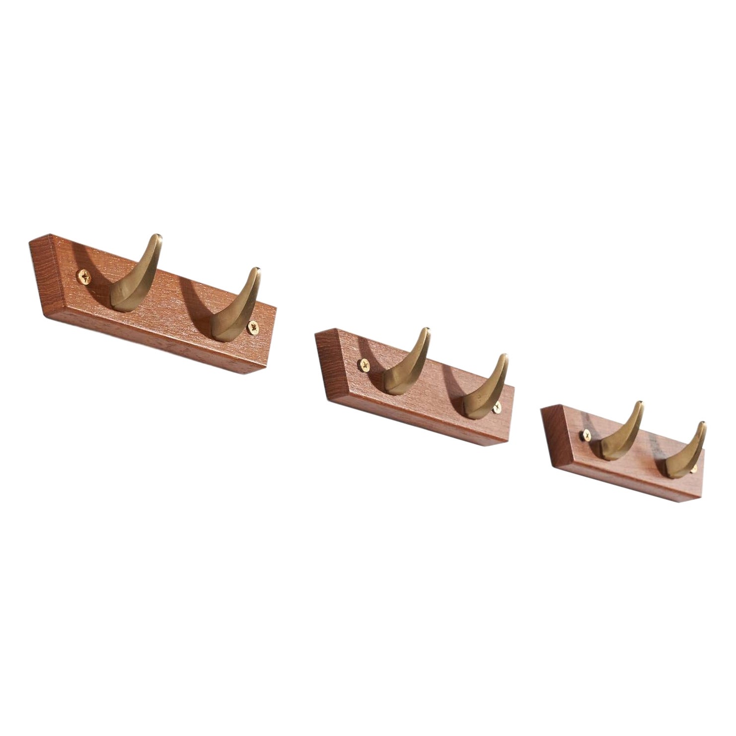 Hafa, Set of Three Coat Hangers, Brass, Teak, Sweden, 1960s