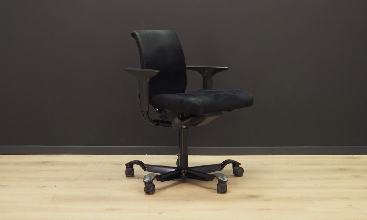Fantastic office chair from the 1990s, Scandinavian design. Model H05 5100 produced by HAG. Original black upholstery, metal construction. Armchair has adjustable seat height, width and height of armrests. An additional advantage is the possibility