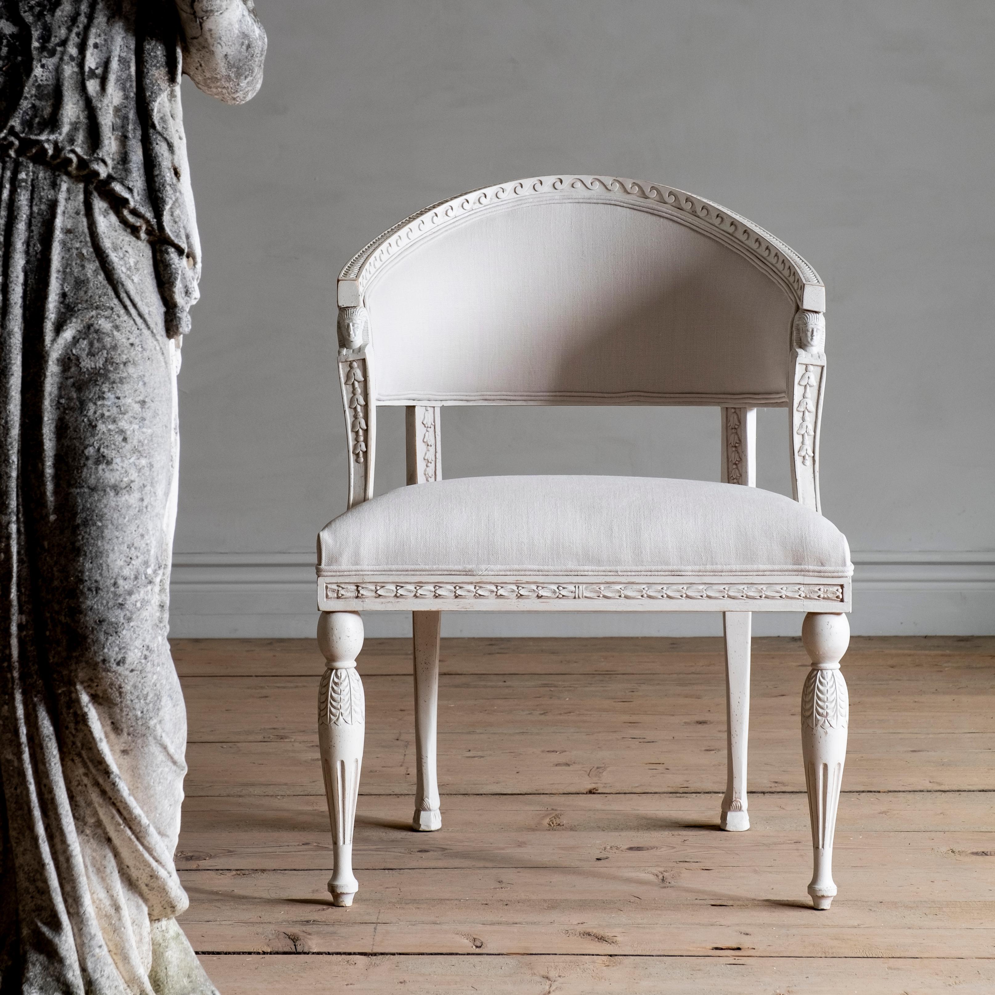 Haga, a fine reproduction Gustavian barrel back armchair is influenced by a Gustavian armchair from our private collection that is attributed to Stockholm master Ephraim Stahl (1767-1820). Supplier to the Royal Court and one of the most